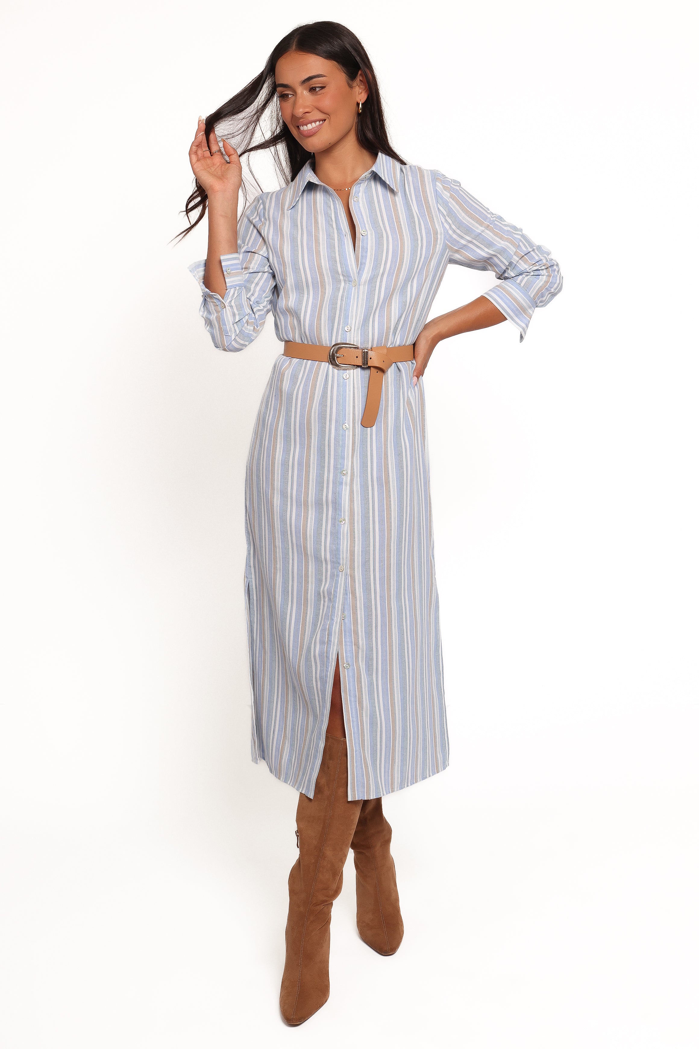 Petal and Pup USA DRESSES Caprice Long Sleeve Button Down Maxi Dress - Blue Stripe