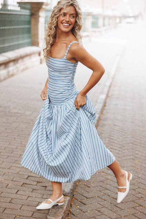 blue striped dresses Carlisle Maxi Dress seam hip pockets Shell Slit Crepe Cap Sleeve RGroup_AW-DR-10723 Size:7.5 W