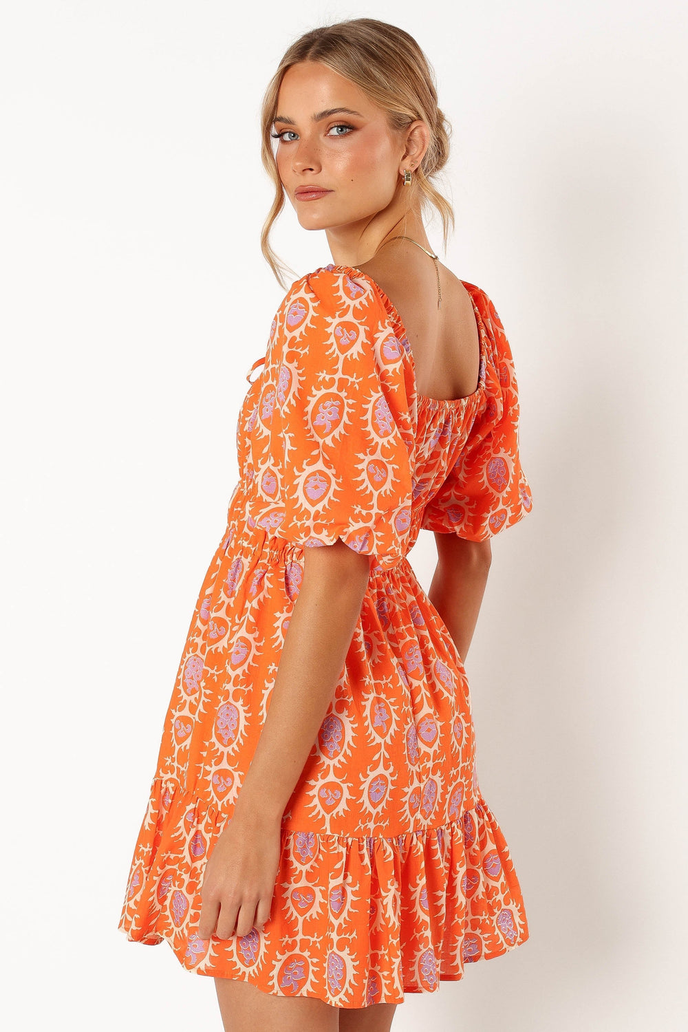 Petal and Pup USA DRESSES Carmen Off Shoulder Mini Dress - Orange Print