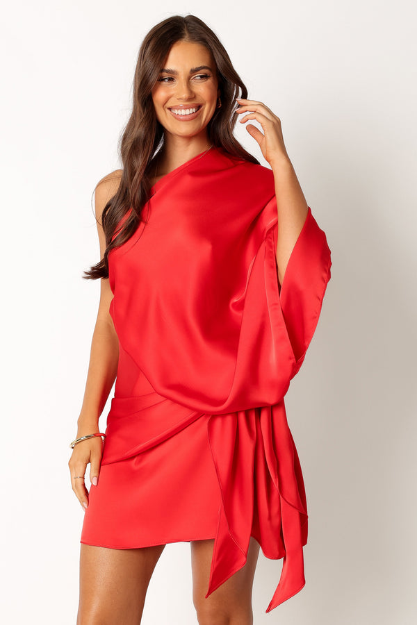 Petal and Pup USA DRESSES Carmen One Shoulder Mini Dress - Sunset Red