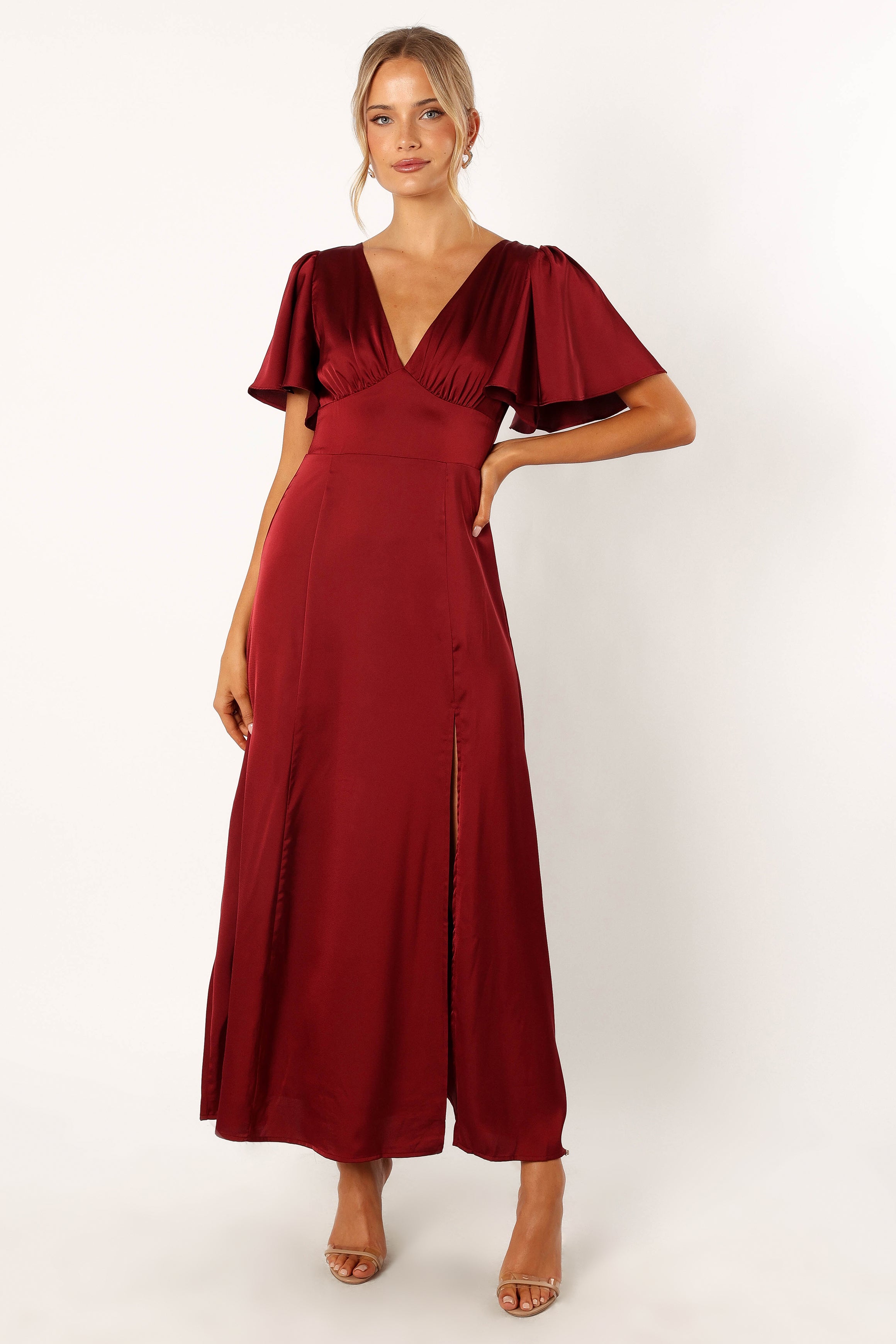 Riu Petal sleeve slit dress ワイン Casper Maxi Dress - Wine | Petal & Pup USA