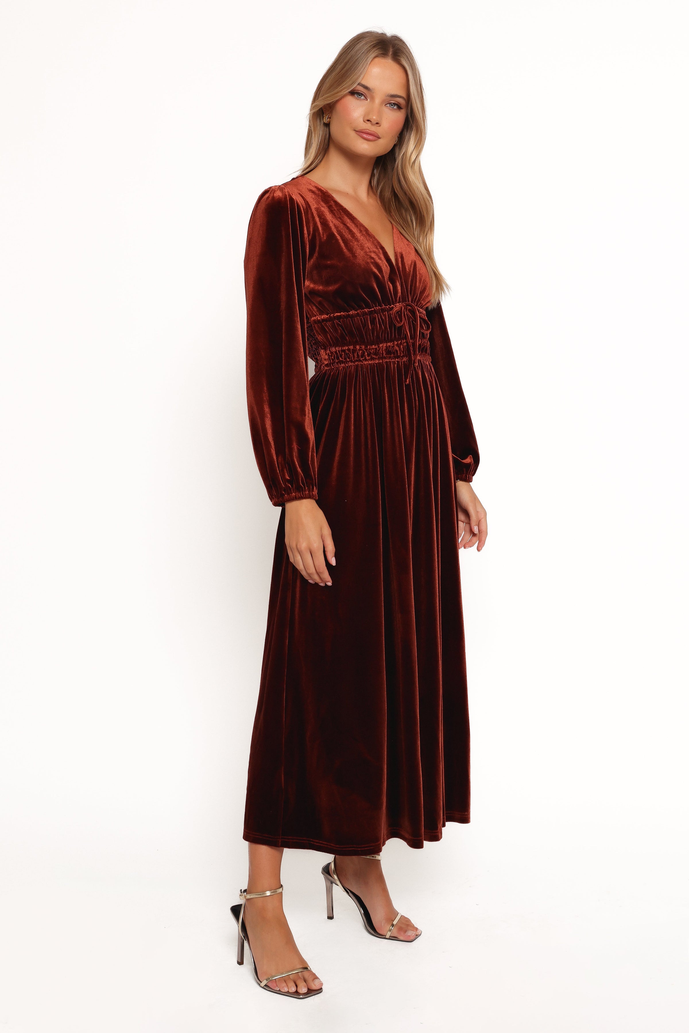 Petal and Pup USA DRESSES Cece Velvet Long Sleeve Maxi Dress - Rust