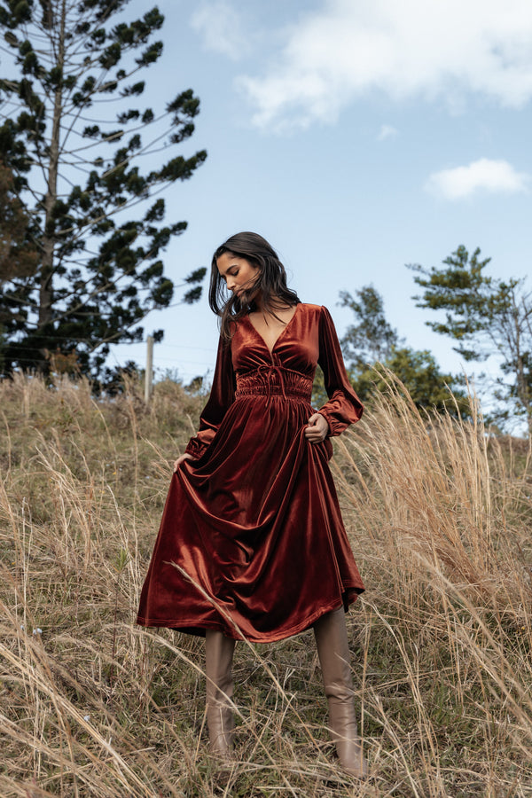 Petal and Pup USA DRESSES Cece Velvet Long Sleeve Maxi Dress - Rust