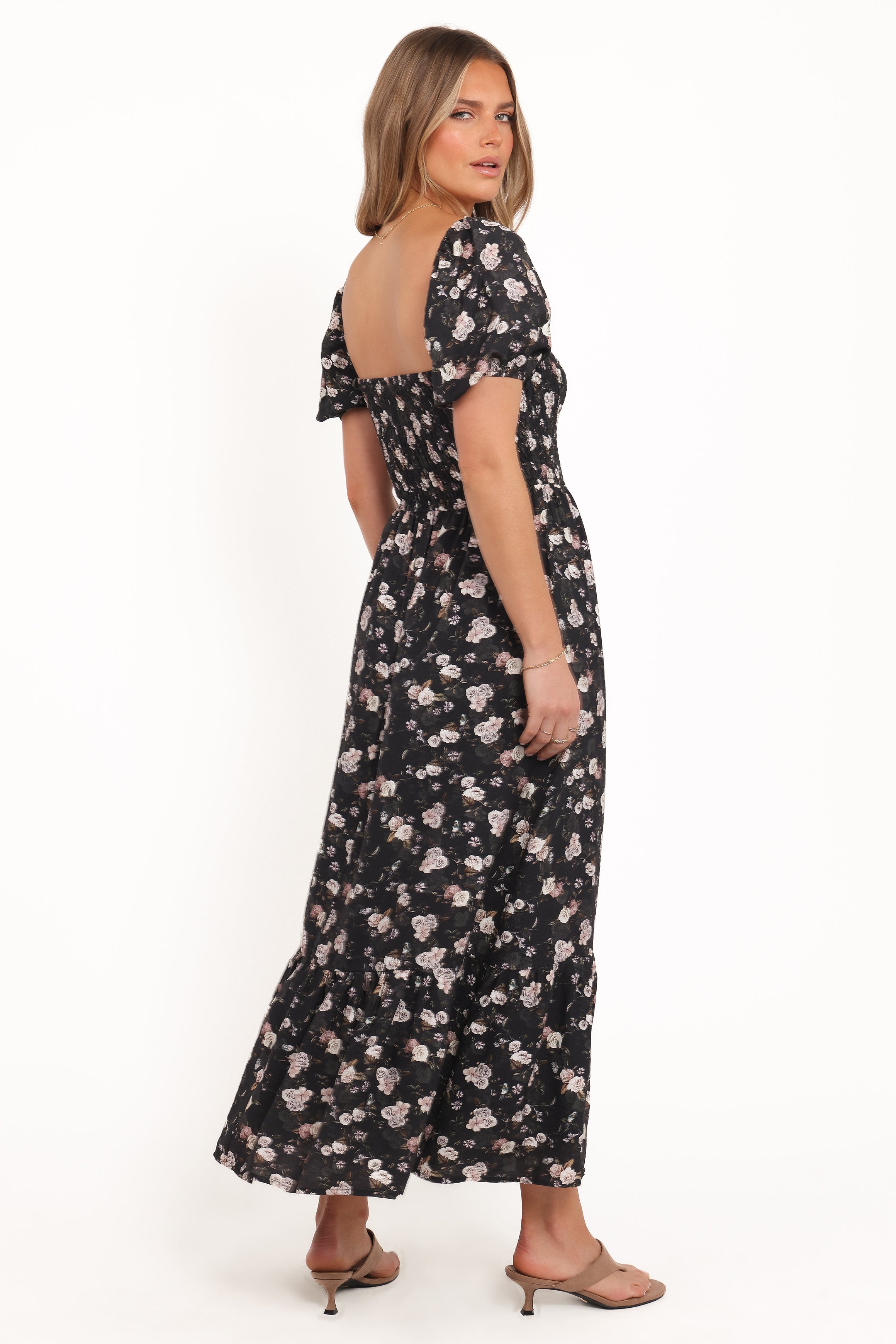 fitted lace wedding dress Cecelia Puff Sleeve Maxi Dress - Black Floral