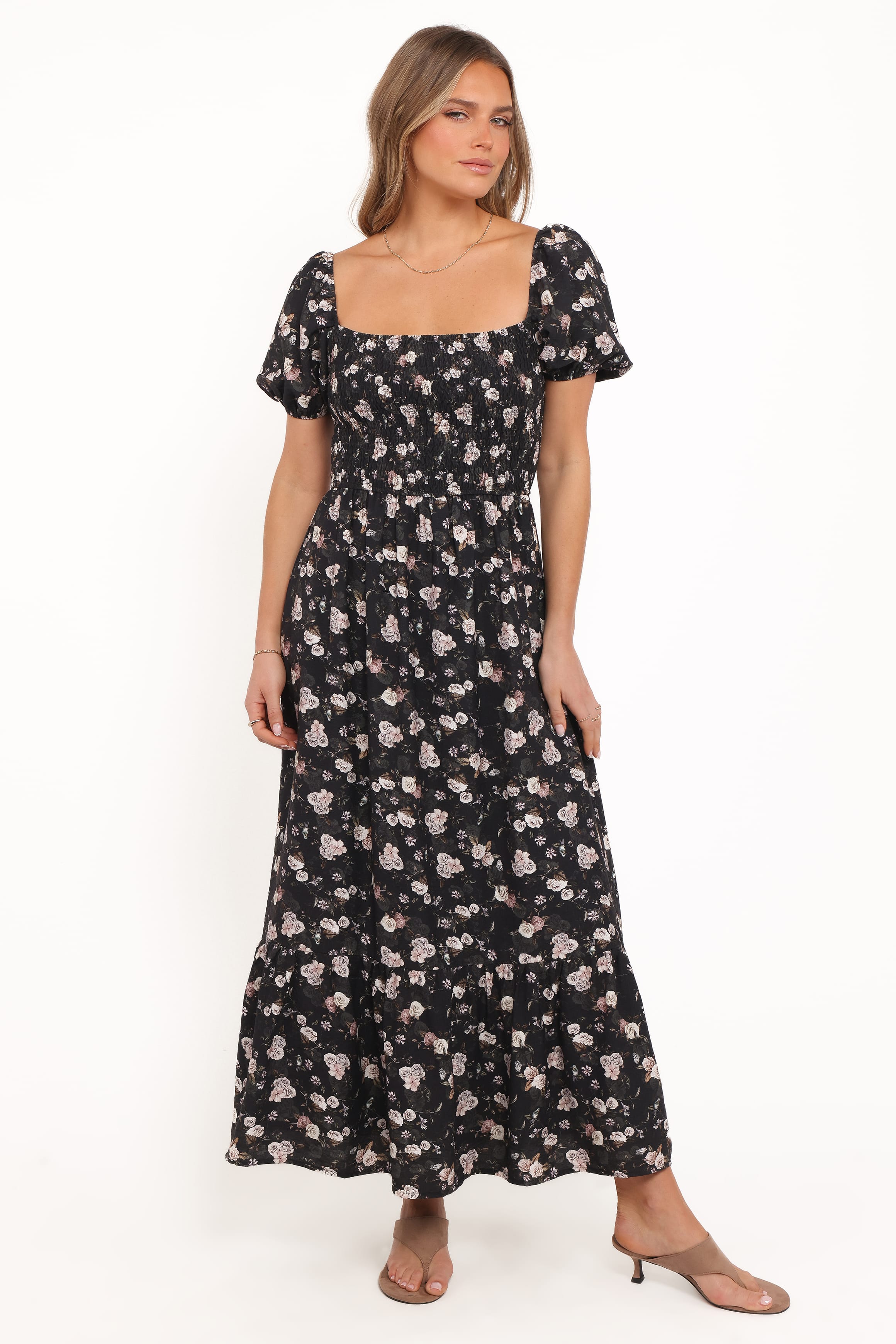 Petal and Pup USA DRESSES Cecelia Puff Sleeve Maxi Dress - Black Floral (Hold for Amazon)
