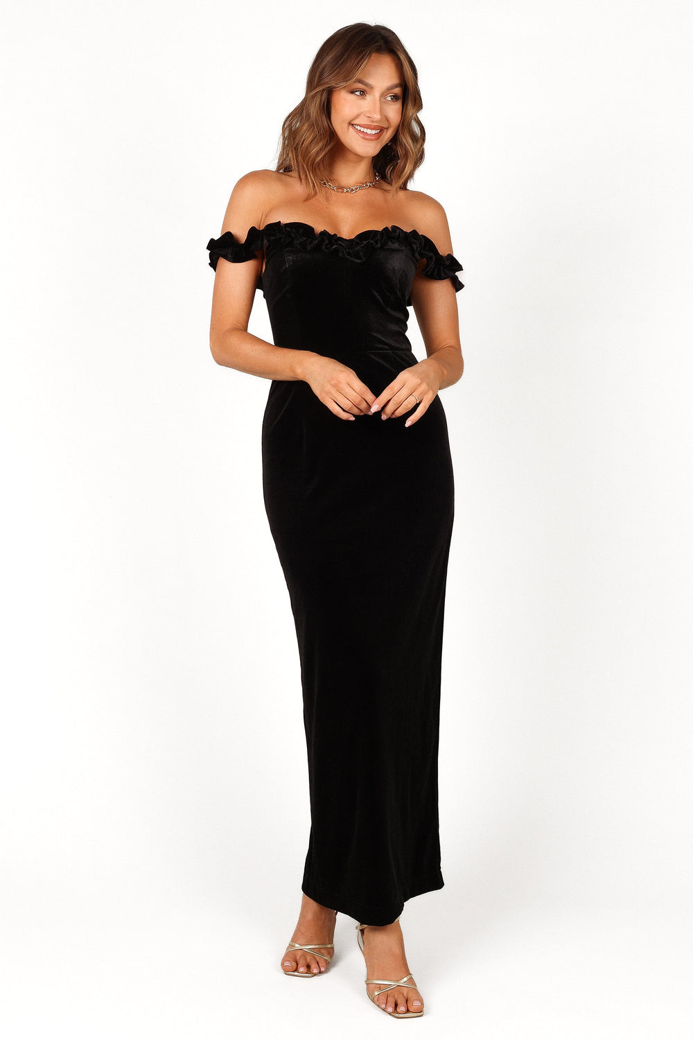 Petal and Pup USA DRESSES Celeste Off Shoulder Velvet Maxi Dress - Black