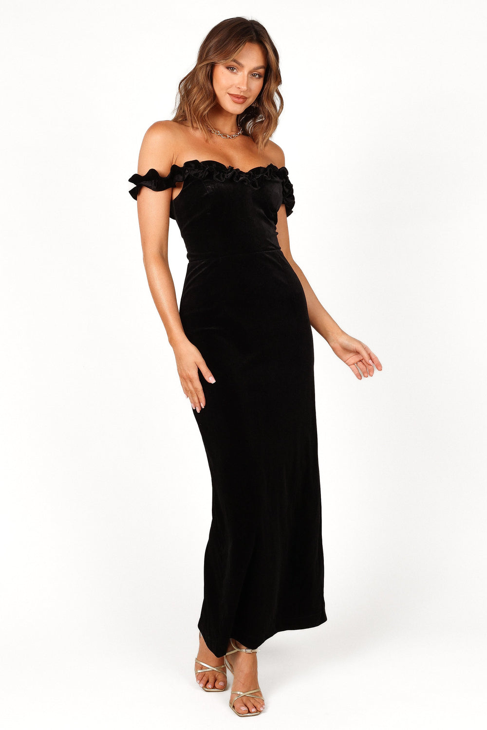 Petal and Pup USA DRESSES Celeste Off Shoulder Velvet Maxi Dress - Black