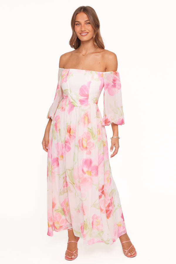 Petal and Pup USA DRESSES Chantel Off Shoulder Maxi Dress - Pink Garden Floral