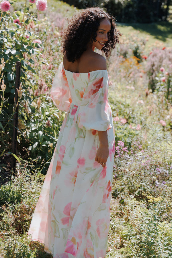 Petal and Pup USA DRESSES Chantel Off Shoulder Maxi Dress - Pink Garden Floral