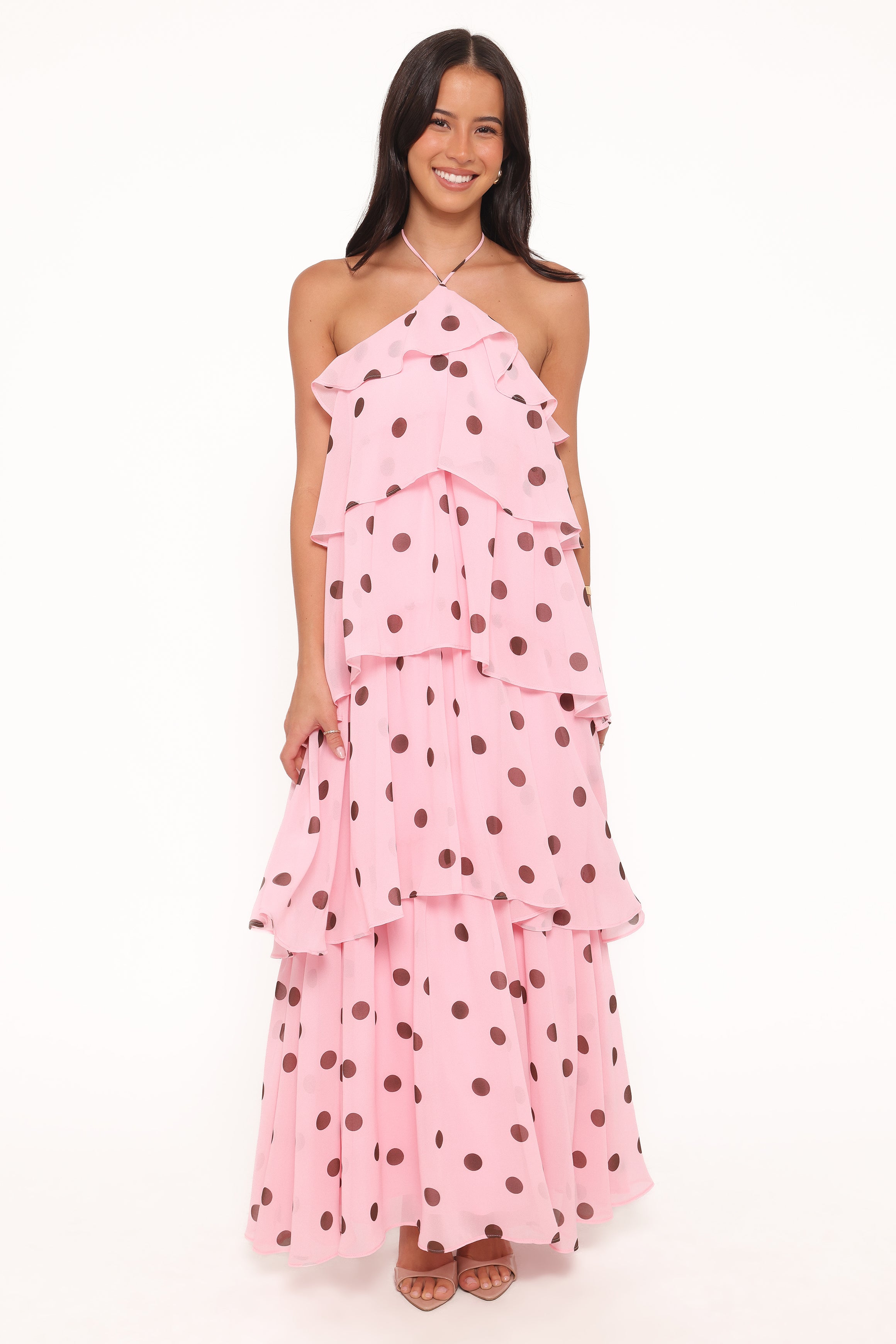 Petal and Pup USA DRESSES Chasity Halterneck Maxi Dress - Pink Polka Dot