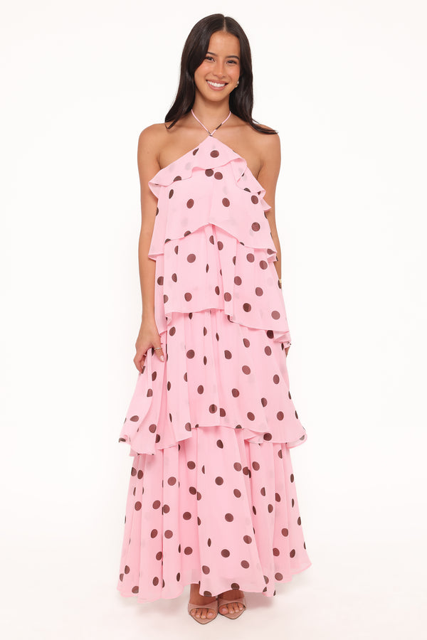 Petal and Pup USA DRESSES Chasity Halterneck Maxi Dress - Pink Polka Dot