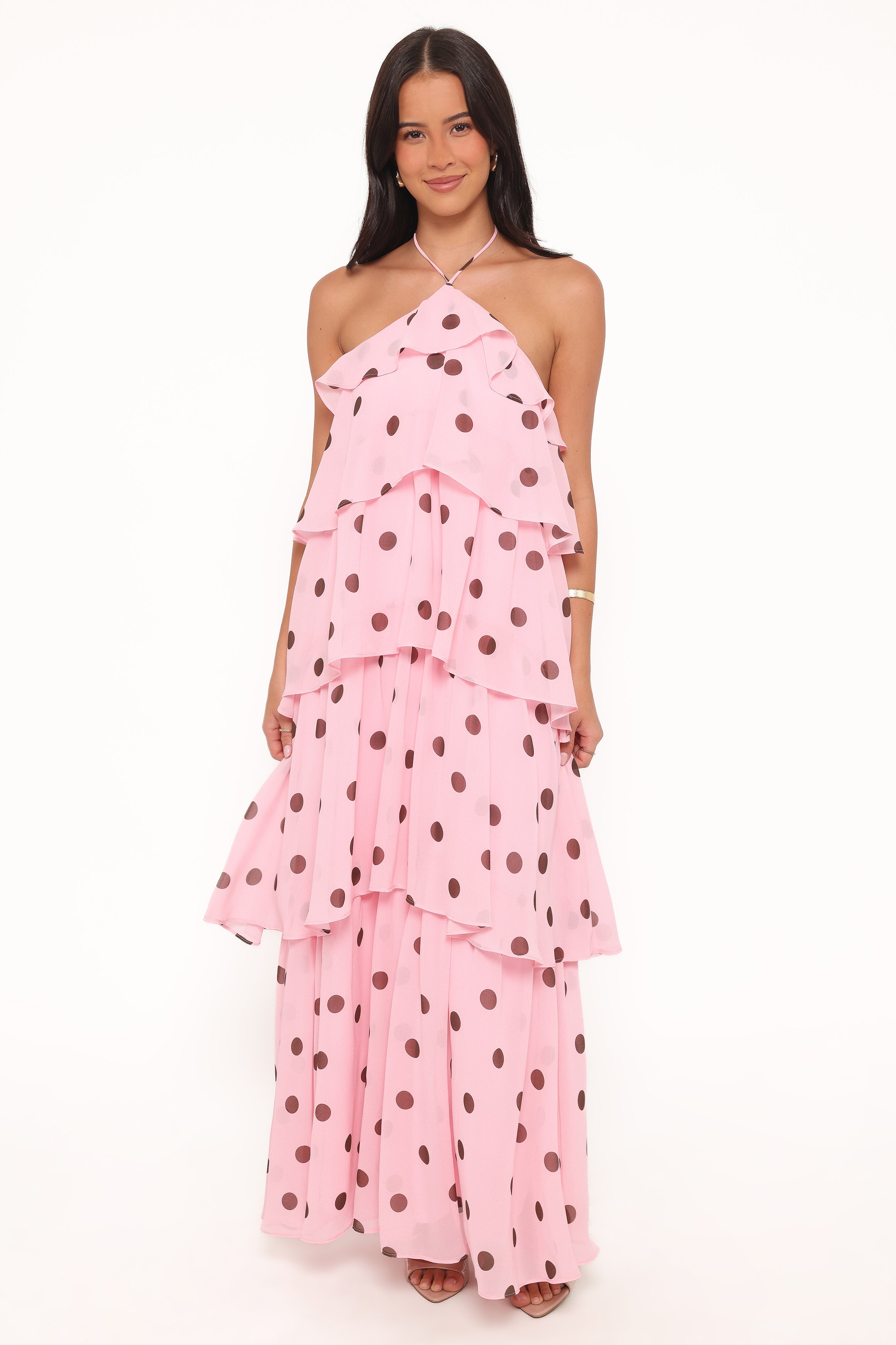 Petal and Pup USA DRESSES Chasity Halterneck Maxi Dress - Pink Polka Dot
