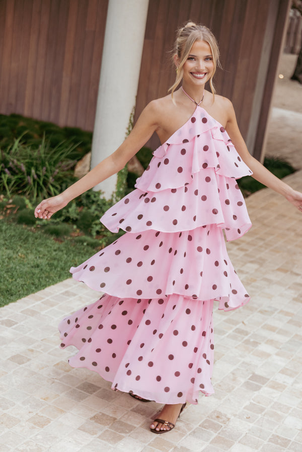 Petal and Pup USA DRESSES Chasity Halterneck Maxi Dress - Pink Polka Dot