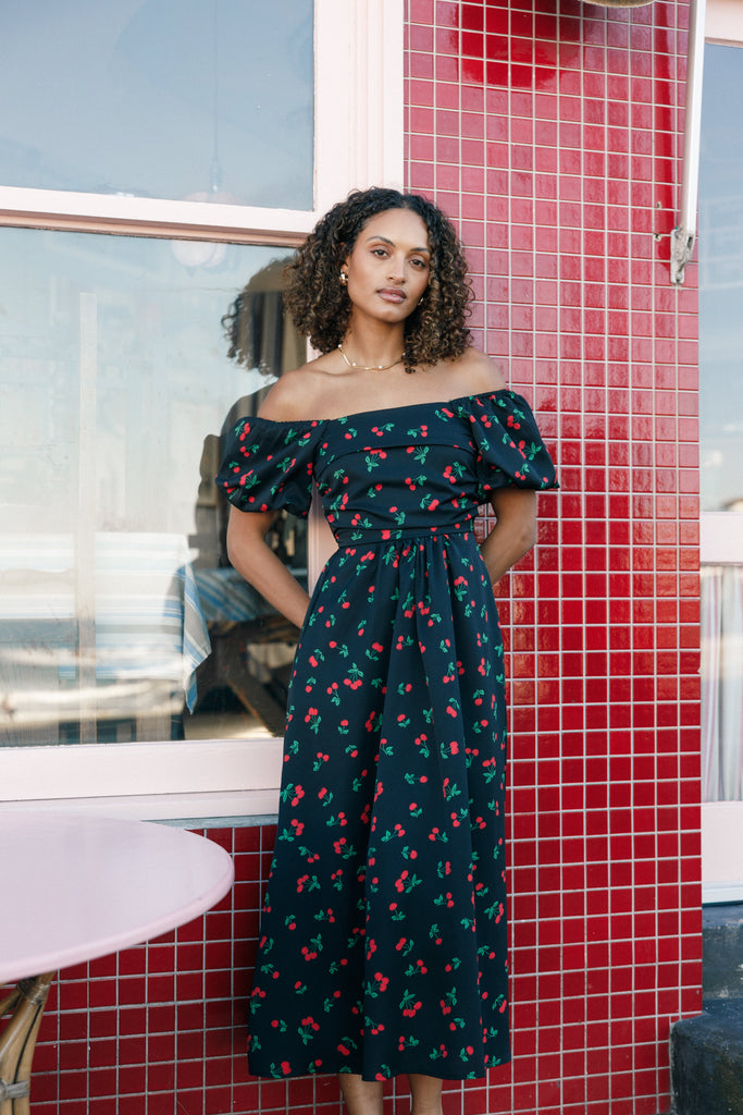 Chlo Puff Sleeve Midi Dress - Cherry Print - Petal & Pup USA