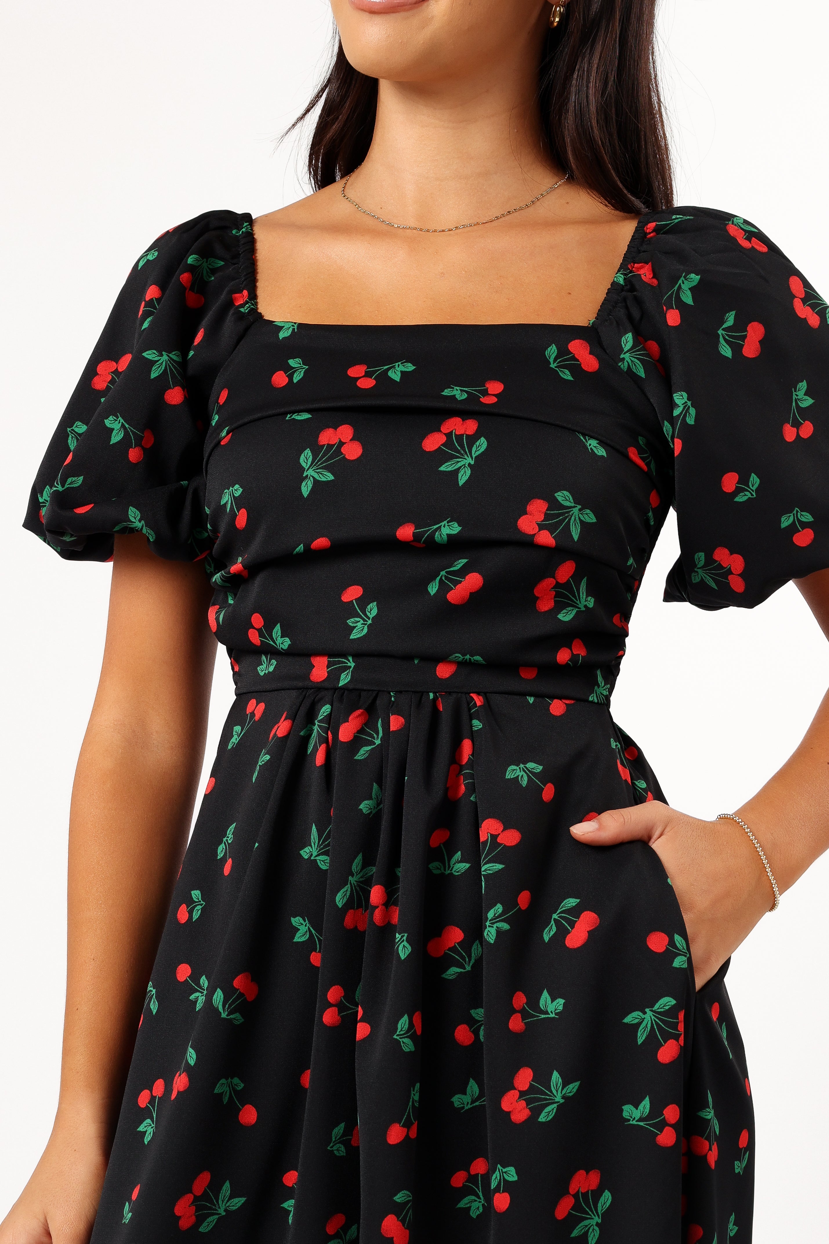 Petal Pup Chlo Puff Sleeve Midi Dress Cherry Print M