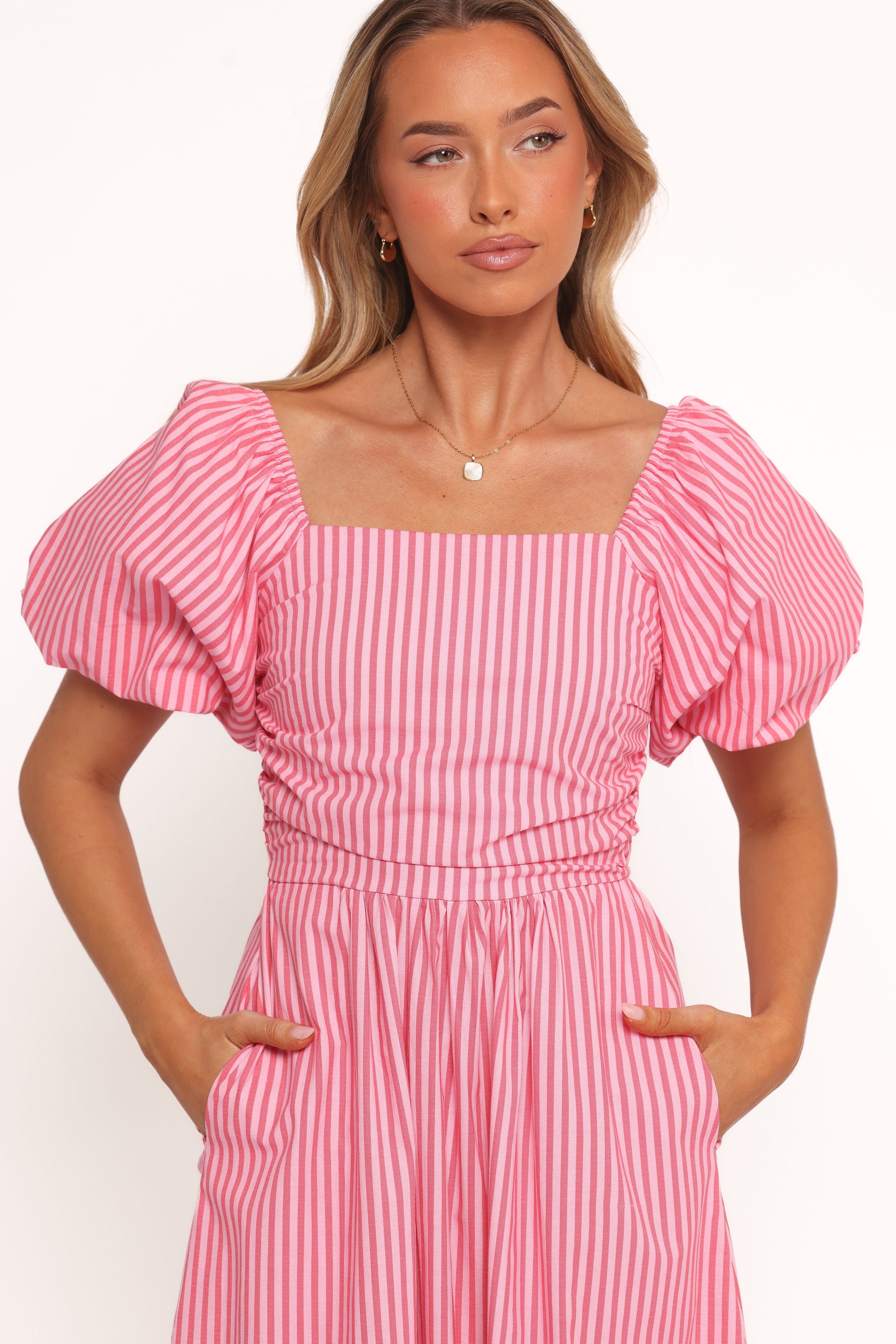 Petal and Pup USA DRESSES Chlo Puff Sleeve Midi Dress - Red Stripe (Hold for Rack)