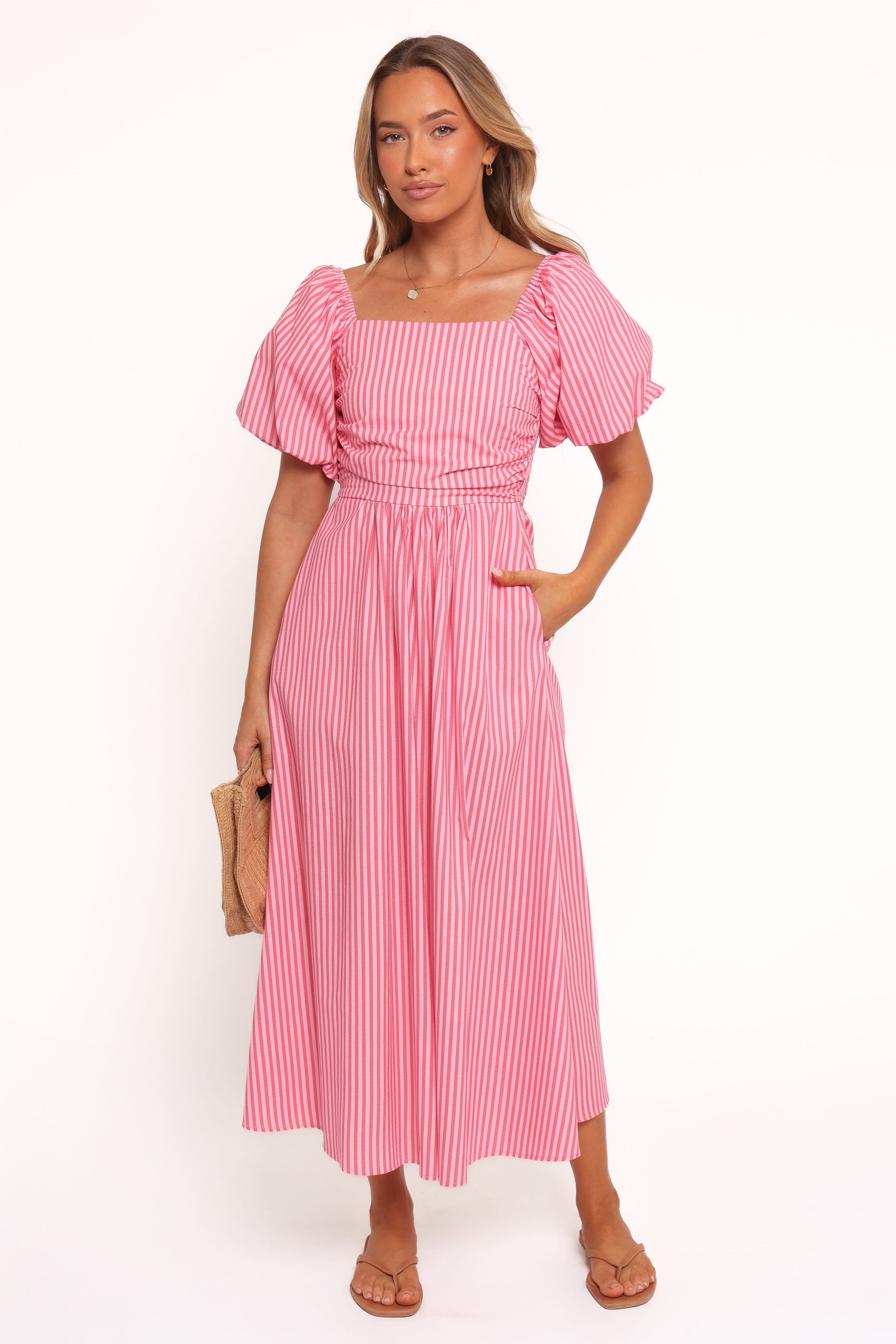 Petal and Pup USA DRESSES Chlo Puff Sleeve Midi Dress - Red Stripe (Hold for Rack)