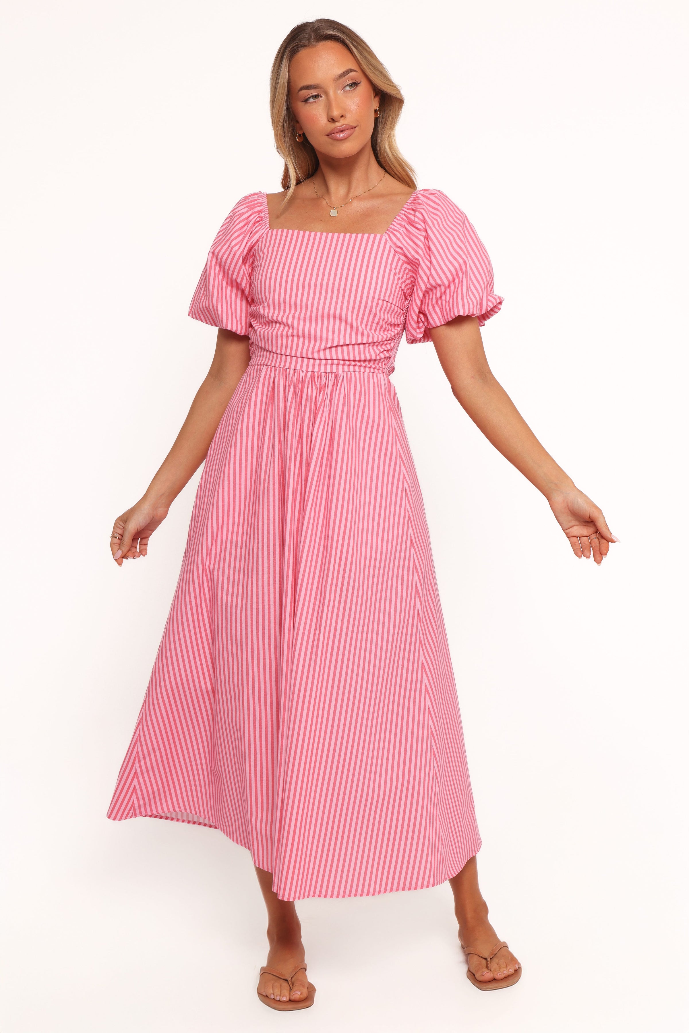 Petal and Pup USA DRESSES Chlo Puff Sleeve Midi Dress - Red Stripe (Hold for Rack)