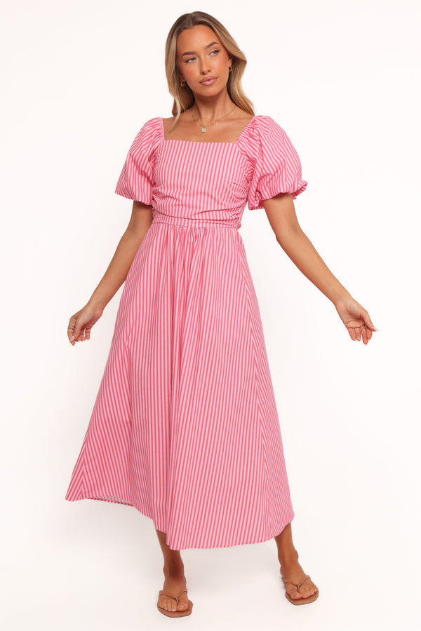 Petal and Pup USA DRESSES Chlo Puff Sleeve Midi Dress - Red Stripe (Hold for Rack)