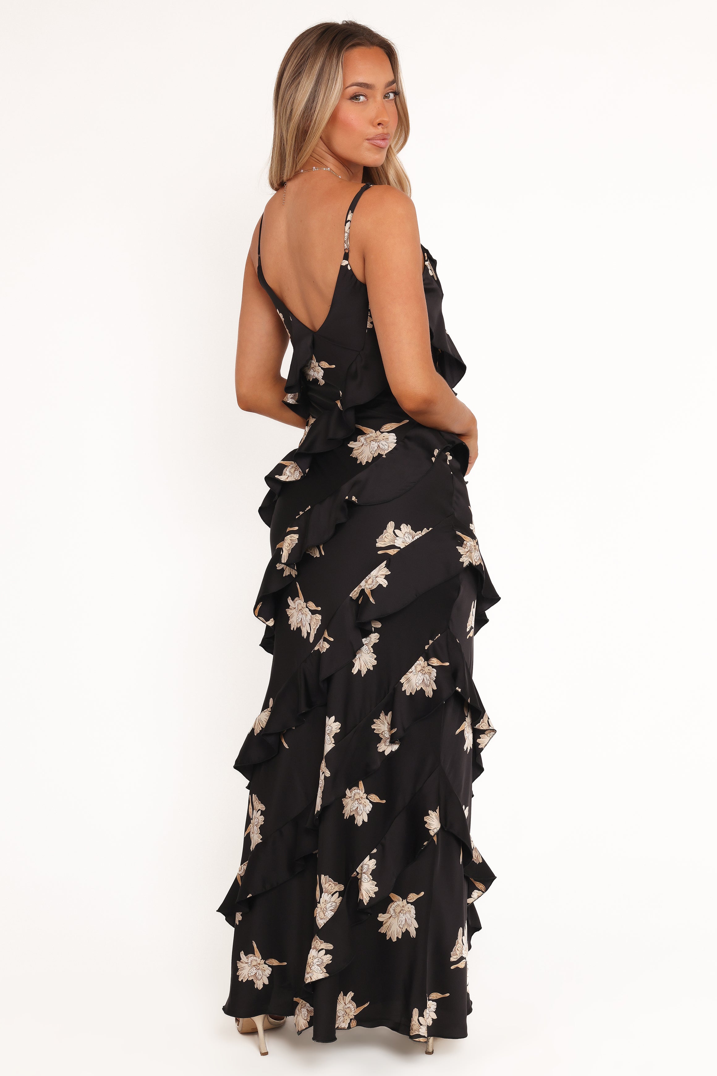 Petal and Pup USA DRESSES Ciao Ruffles Maxi Satin Dress - Black Floral