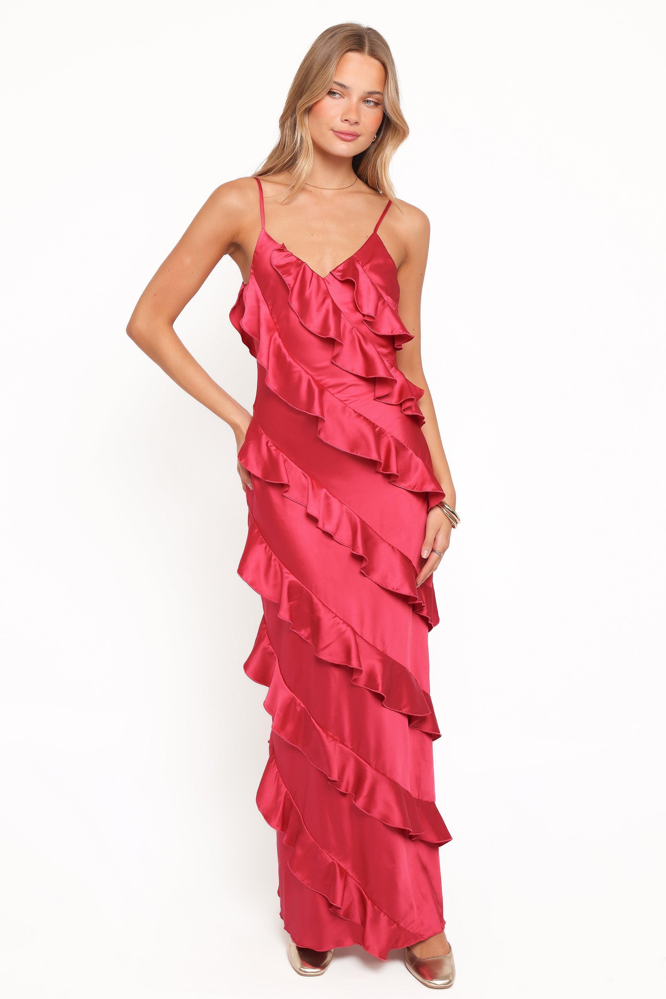 Petal and Pup USA DRESSES Ciao Ruffles Maxi Satin Dress - Fuchsia