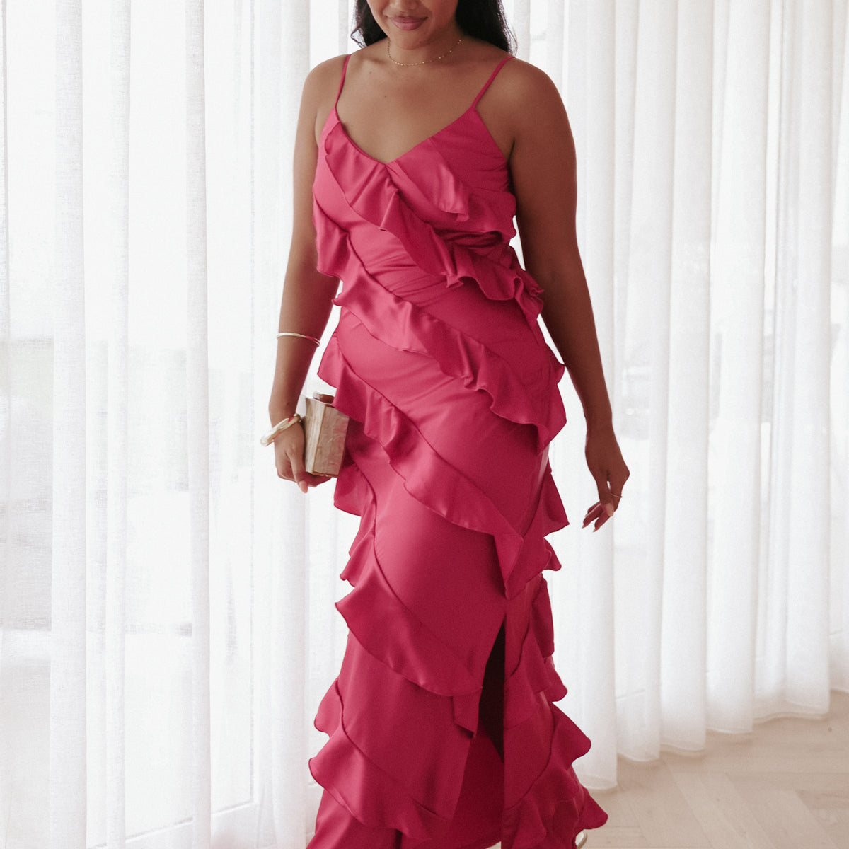 Petal and Pup Women's Ciao Ruffles Maxi Satin Dress - Fuchsia Petal and Pup Women's Ciao Ruffles Maxi Satin Dress - Fuchsia