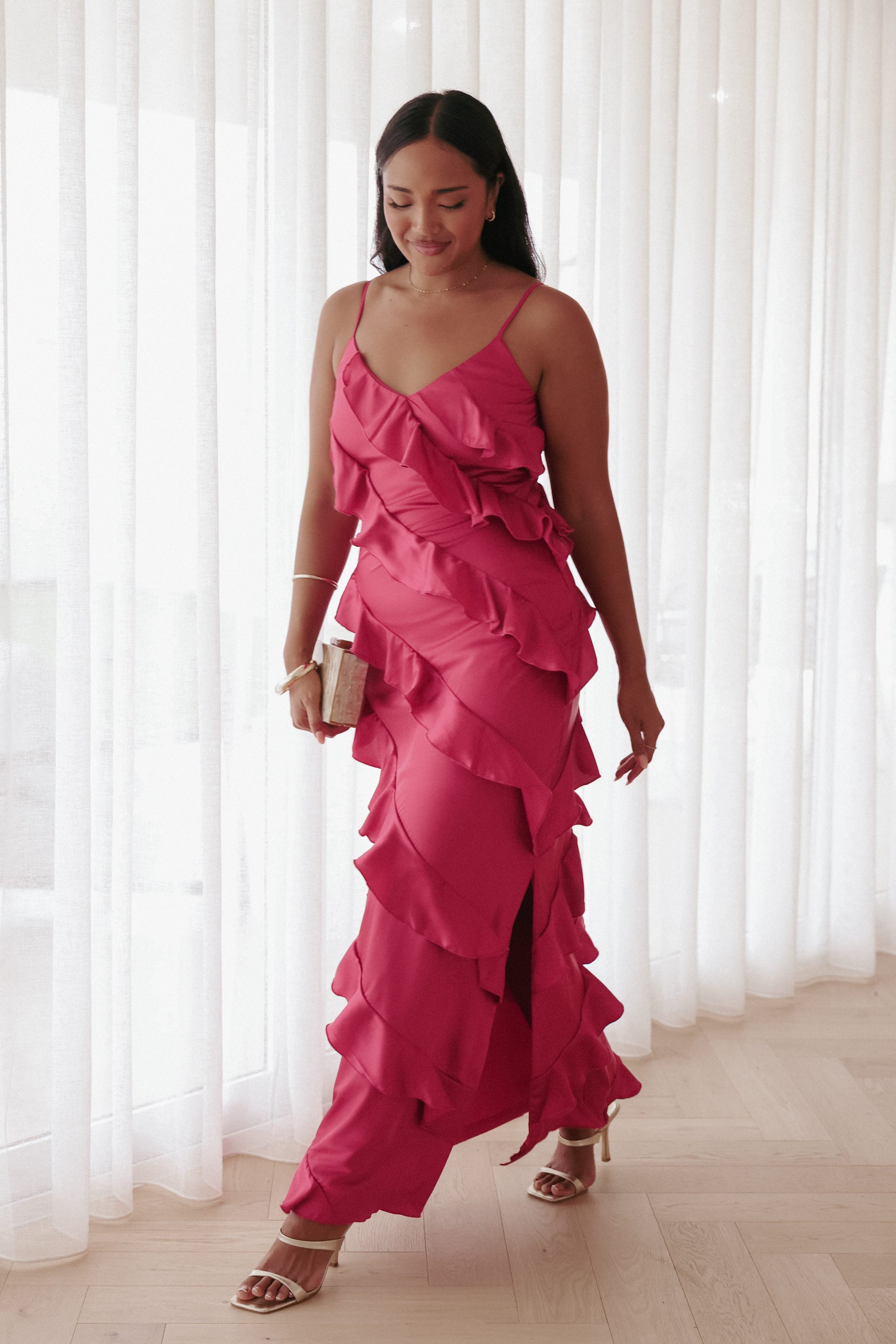 Ciao Ruffles Maxi Satin Dress - Fuchsia Ciao Ruffles Maxi Satin Dress - Fuchsia