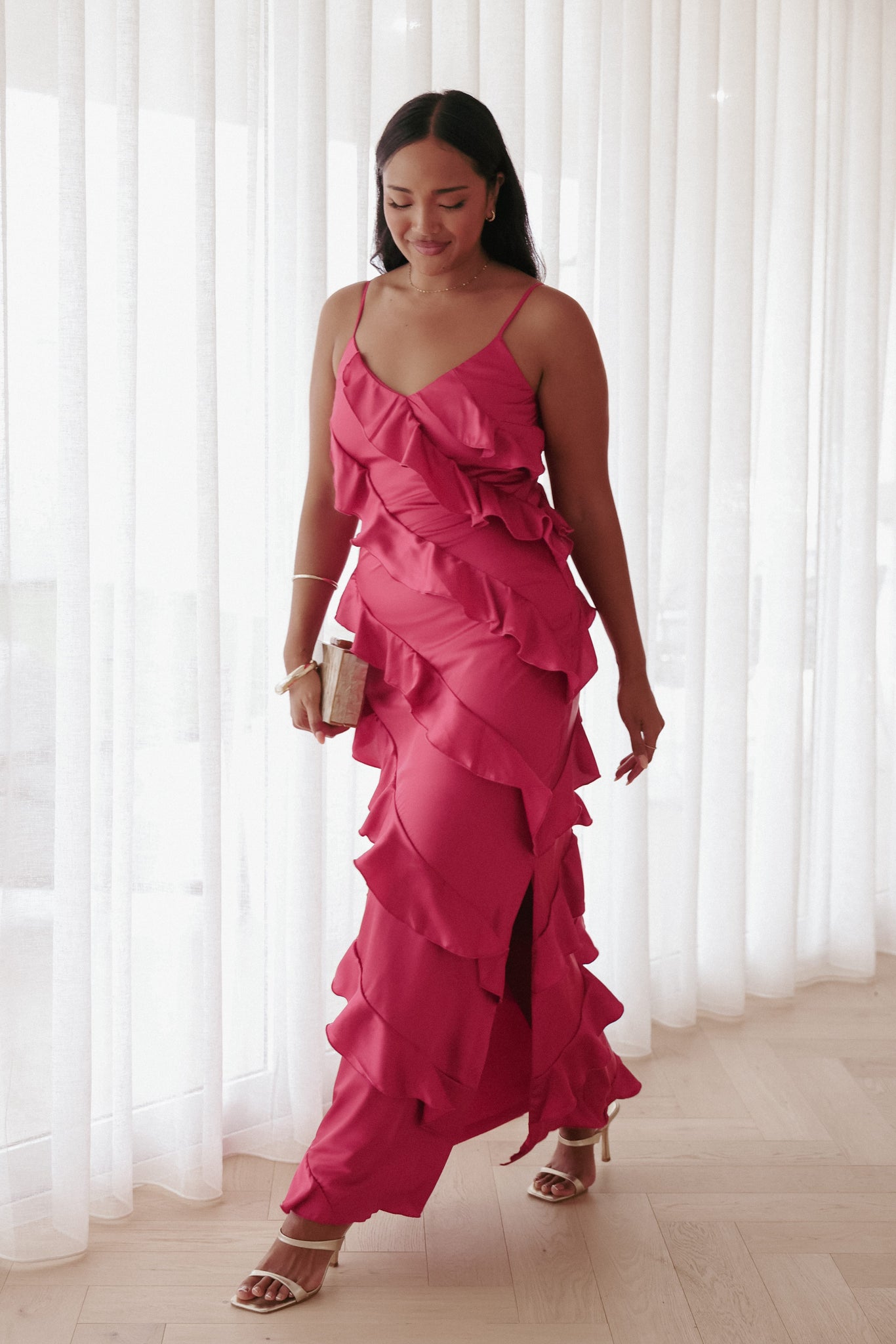 Ciao Ruffles Maxi Satin Dress