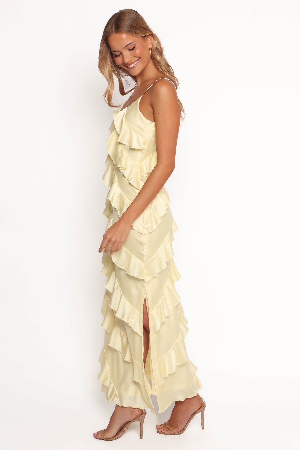 yellow ruffled dress Petal and Pup Women's Ciao Ruffles Maxi Satin Dress