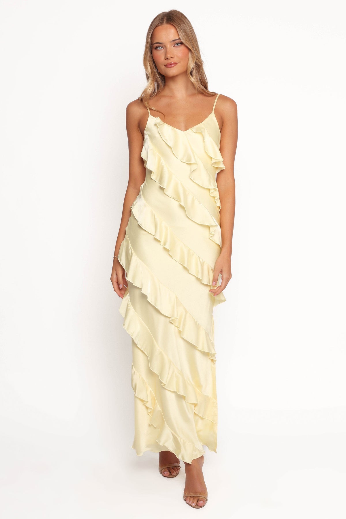 pale yellow maxi dresses Light Chiffon Dress: Short Sleeve Bridesmaid Gown 95% Polyester 5% Elastane Lining Light Yellow Ruched Maxi Dress
