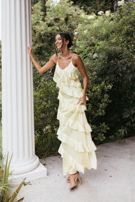 Petal and Pup USA DRESSES Ciao Ruffles Maxi Satin Dress - Pale Yellow