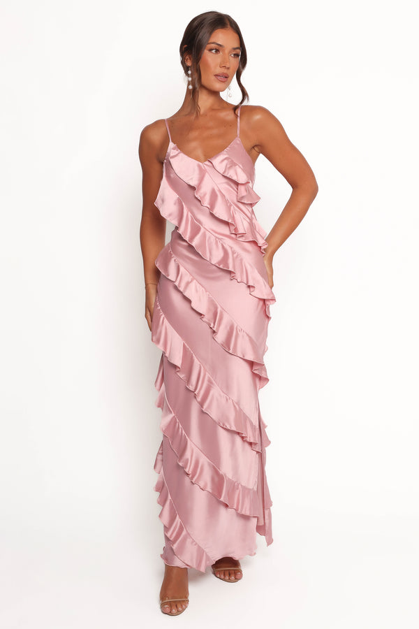 Petal and Pup USA DRESSES Ciao Ruffles Maxi Satin Dress - Pink