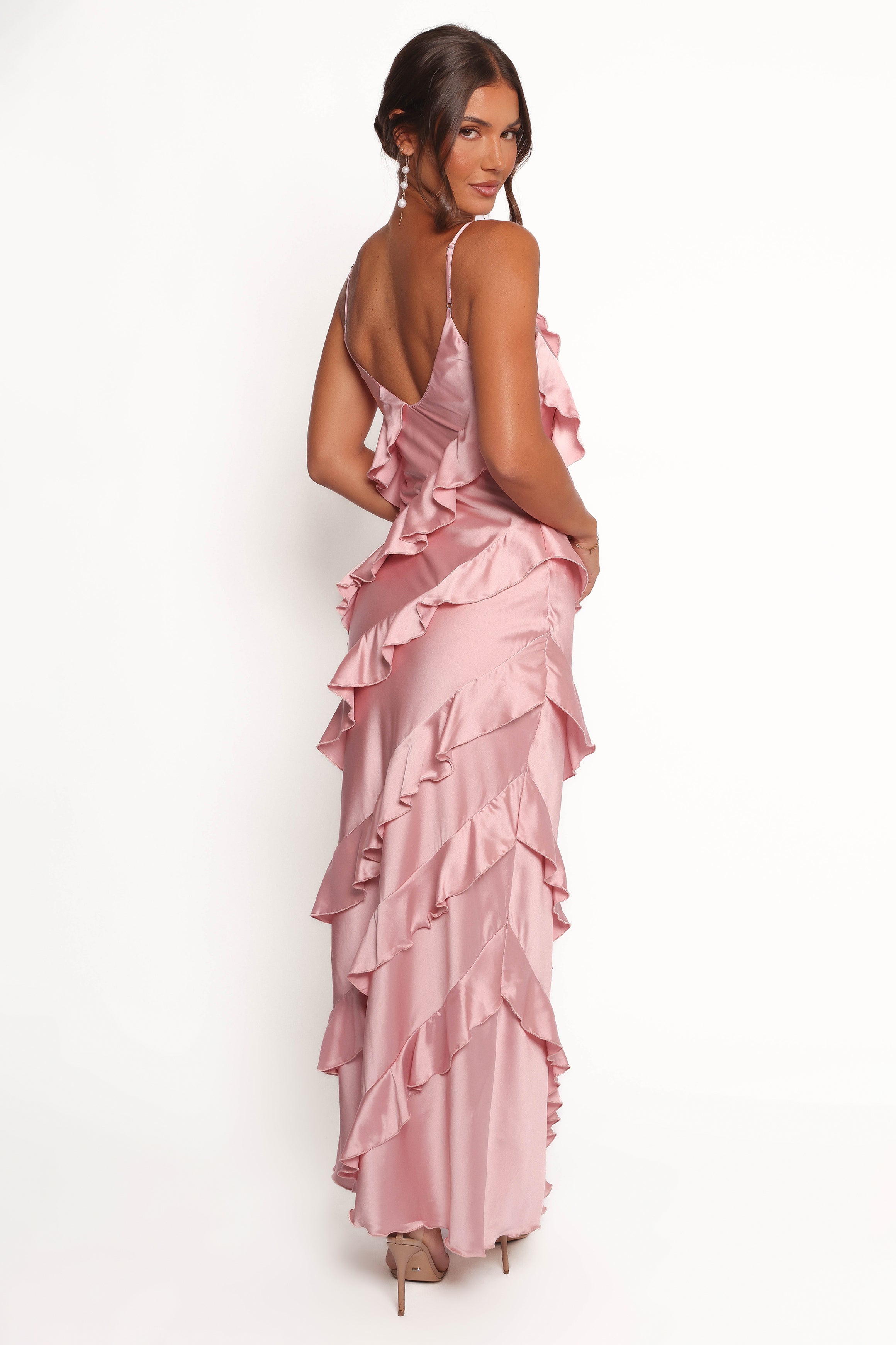 Petal and Pup USA DRESSES Ciao Ruffles Maxi Satin Dress - Pink