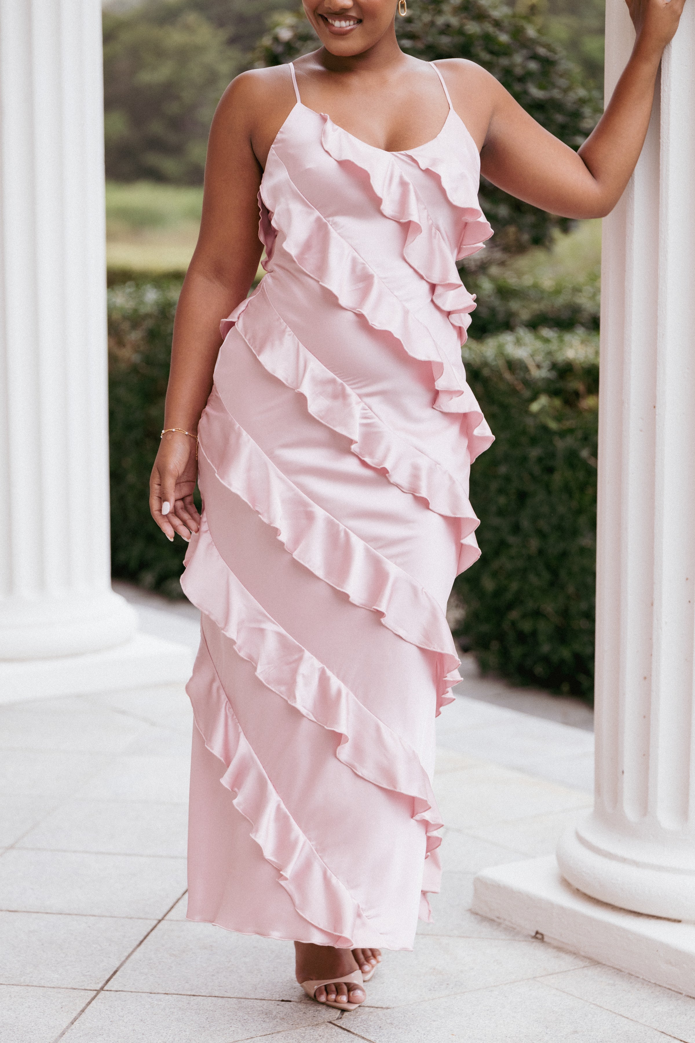 Petal and Pup USA DRESSES Ciao Ruffles Maxi Satin Dress - Pink