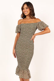 Petal and Pup USA DRESSES Claire Shirred Bodycon Off Shoulder Midi Dress - Green Floral
