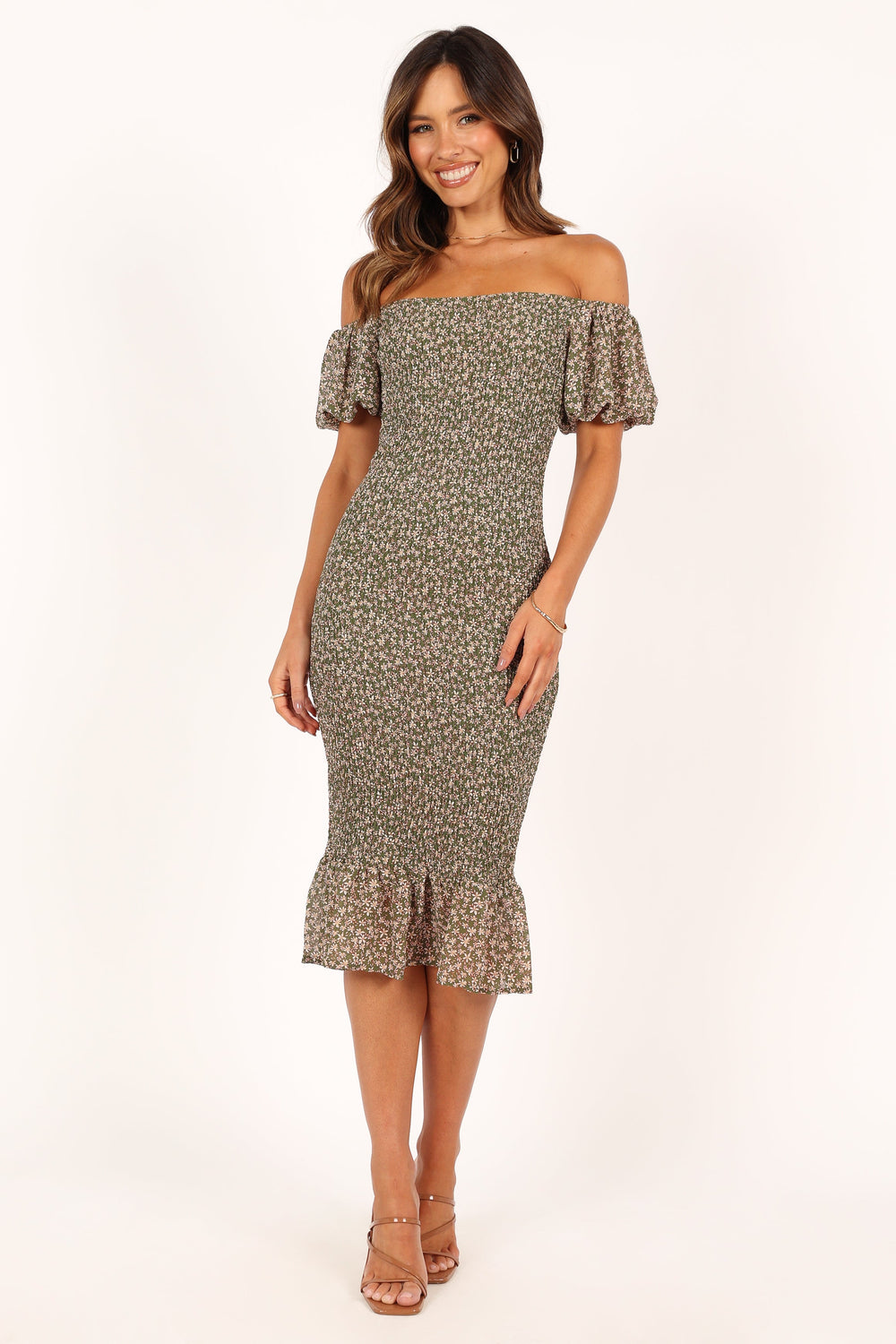 Petal and Pup USA DRESSES Claire Shirred Bodycon Off Shoulder Midi Dress - Green Floral
