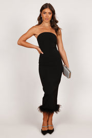 Petal and Pup USA DRESSES Clara Feather Trim Midi Dress - Black