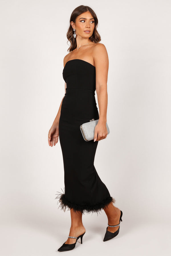 Petal and Pup USA DRESSES Clara Feather Trim Midi Dress - Black