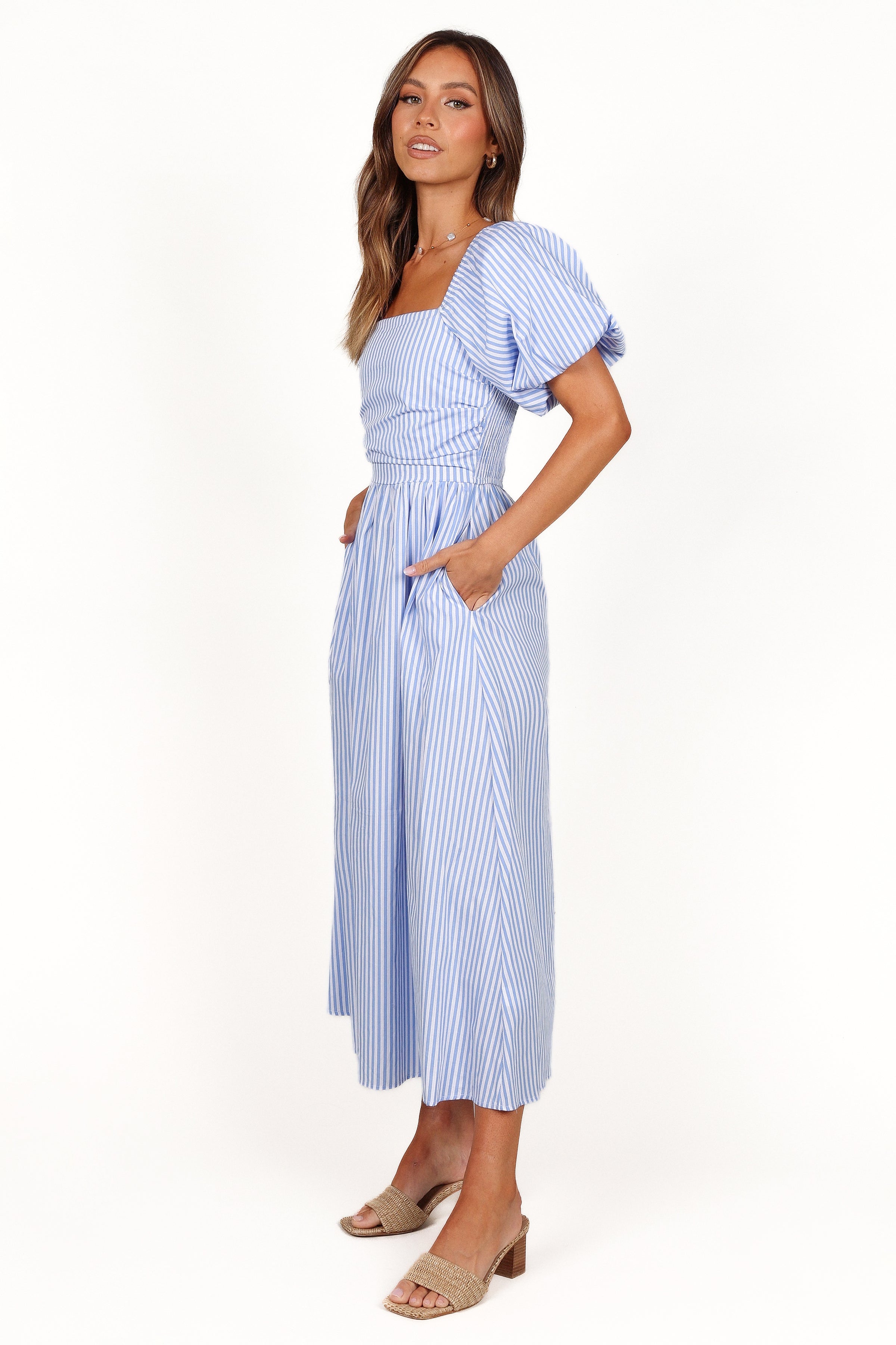 Petal and Pup USA DRESSES Clo Puff Sleeve Midi Dress - Blue Stripe