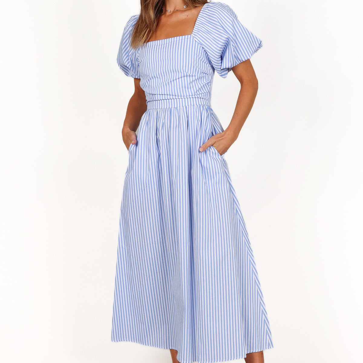 Clo Puff Sleeve Midi Dress - Blue Stripe | Petal & Pup USA