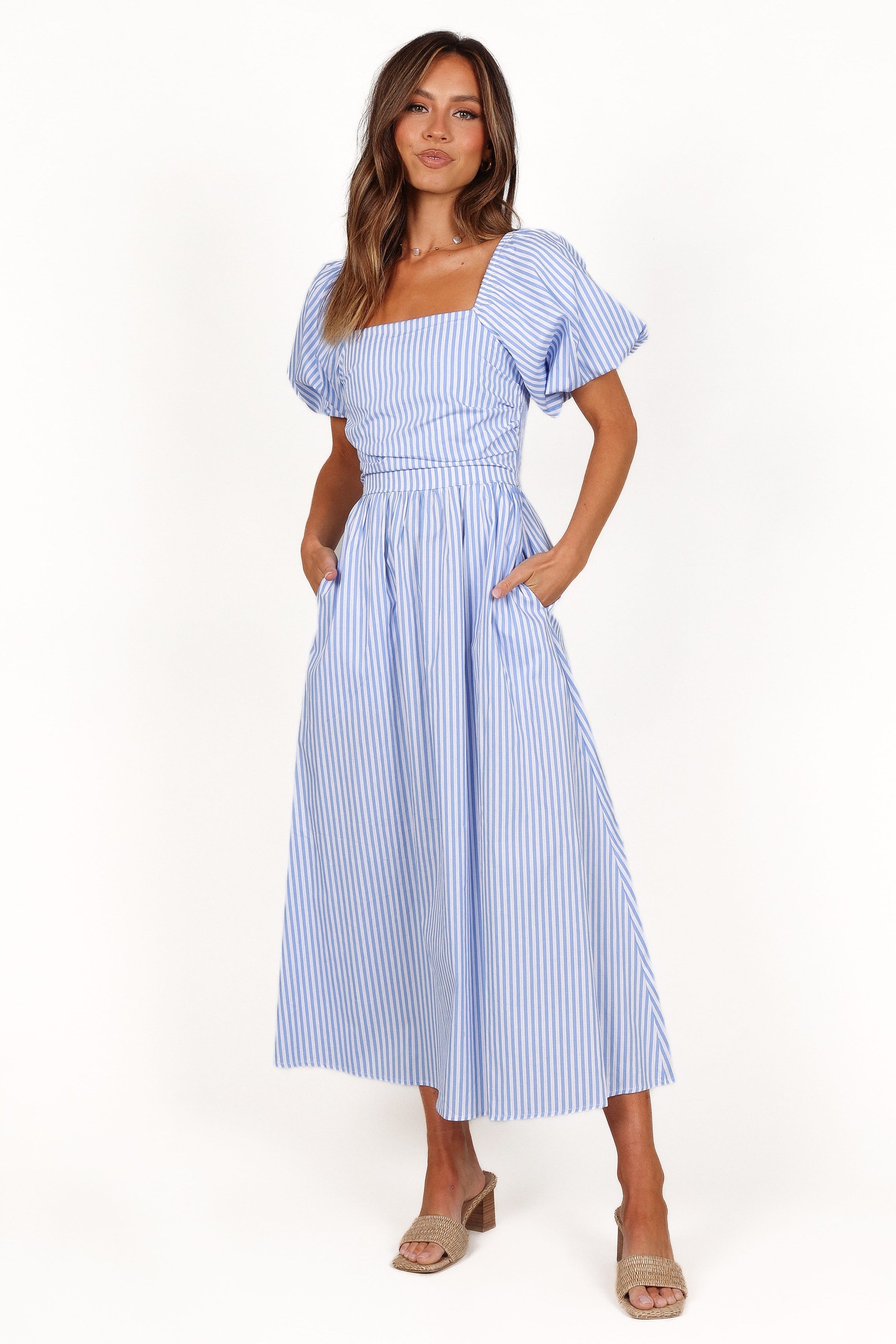Clo Puff Sleeve Midi Dress - Blue Stripe Clo Puff Sleeve Midi Dress - Blue Stripe