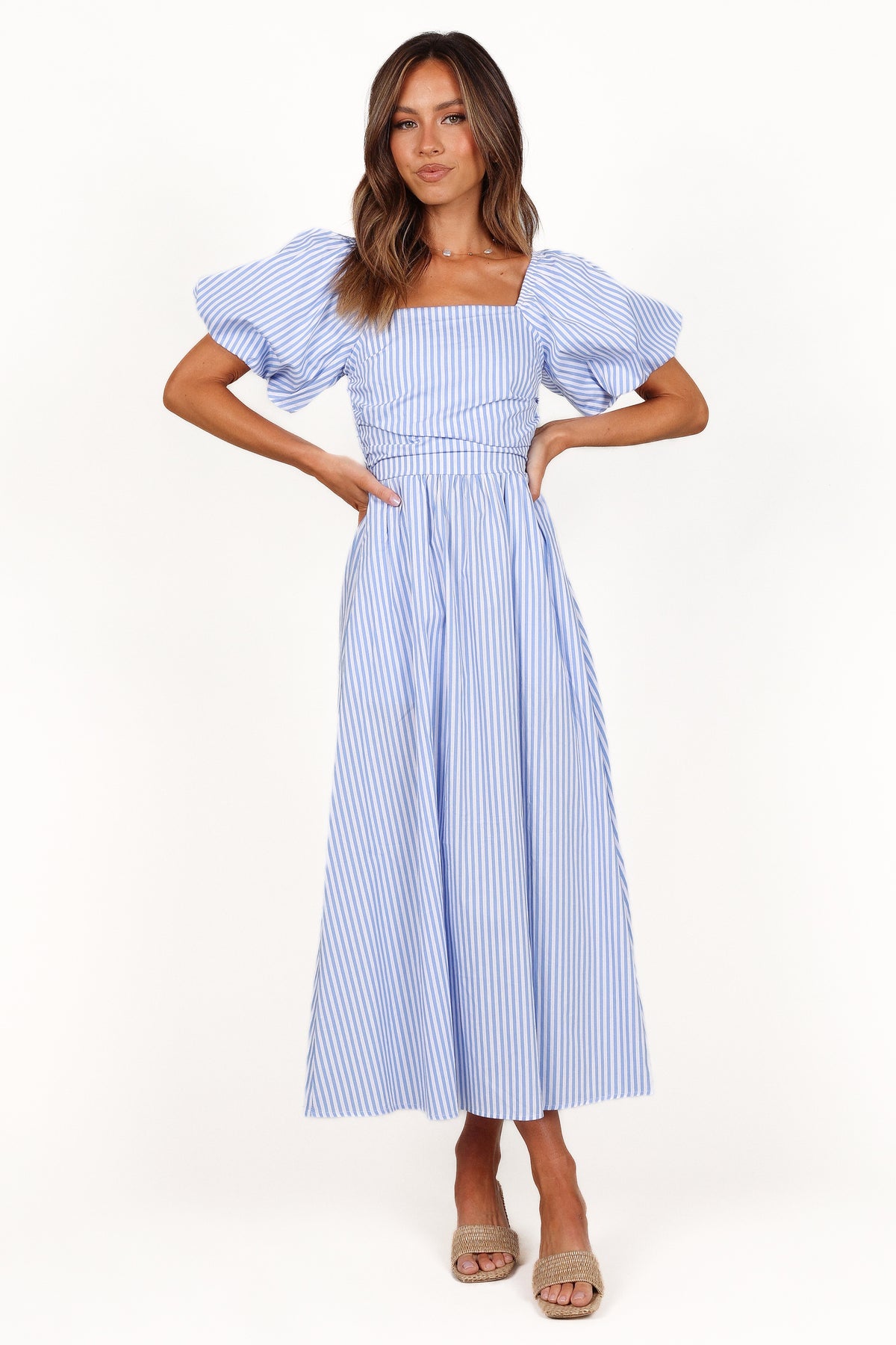 Clo Puff Sleeve Midi Dress - Blue Stripe | Petal & Pup USA Clo Puff Sleeve Midi Dress - Blue Stripe | Petal & Pup USA