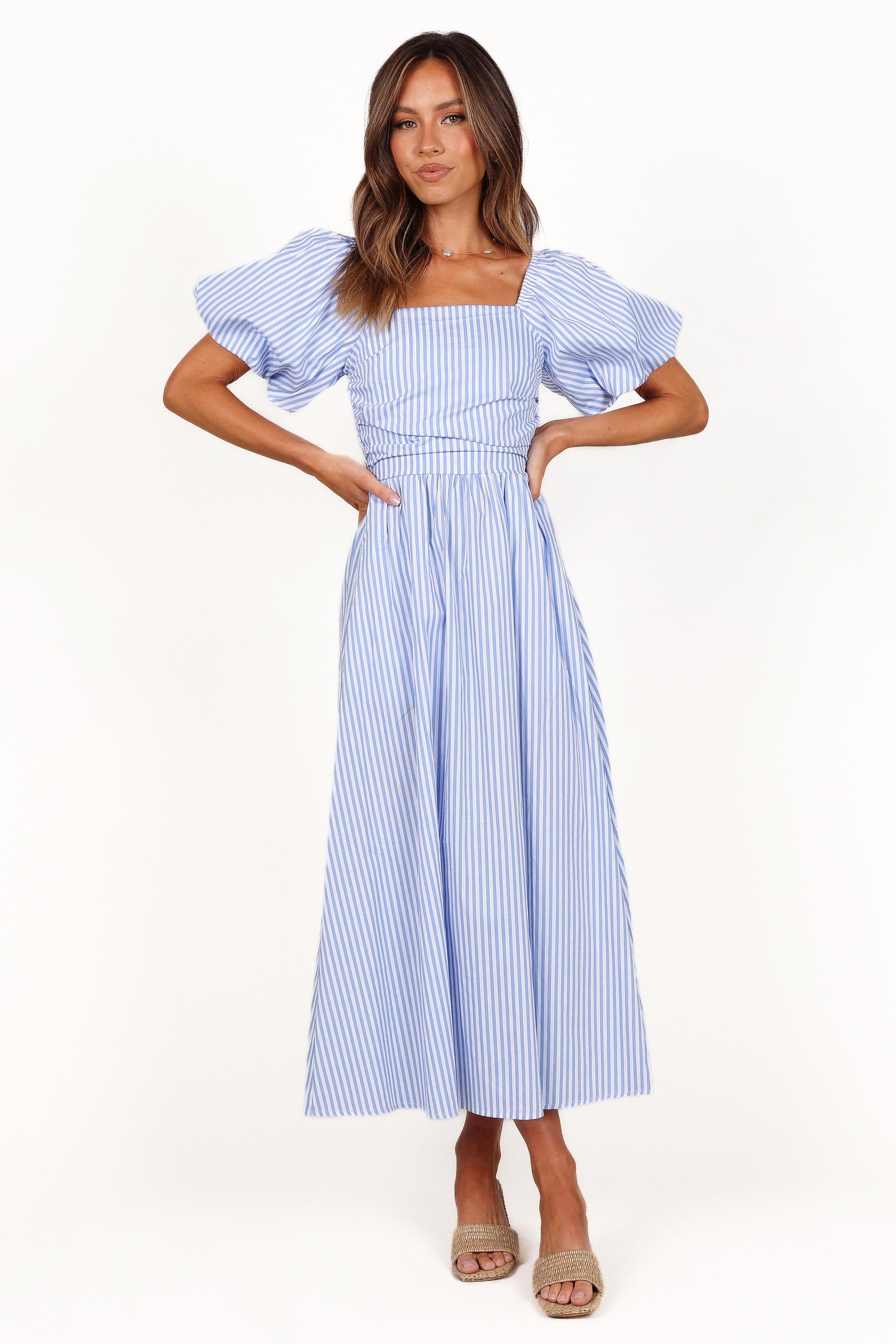 Petal and Pup USA DRESSES Clo Puff Sleeve Midi Dress - Blue Stripe