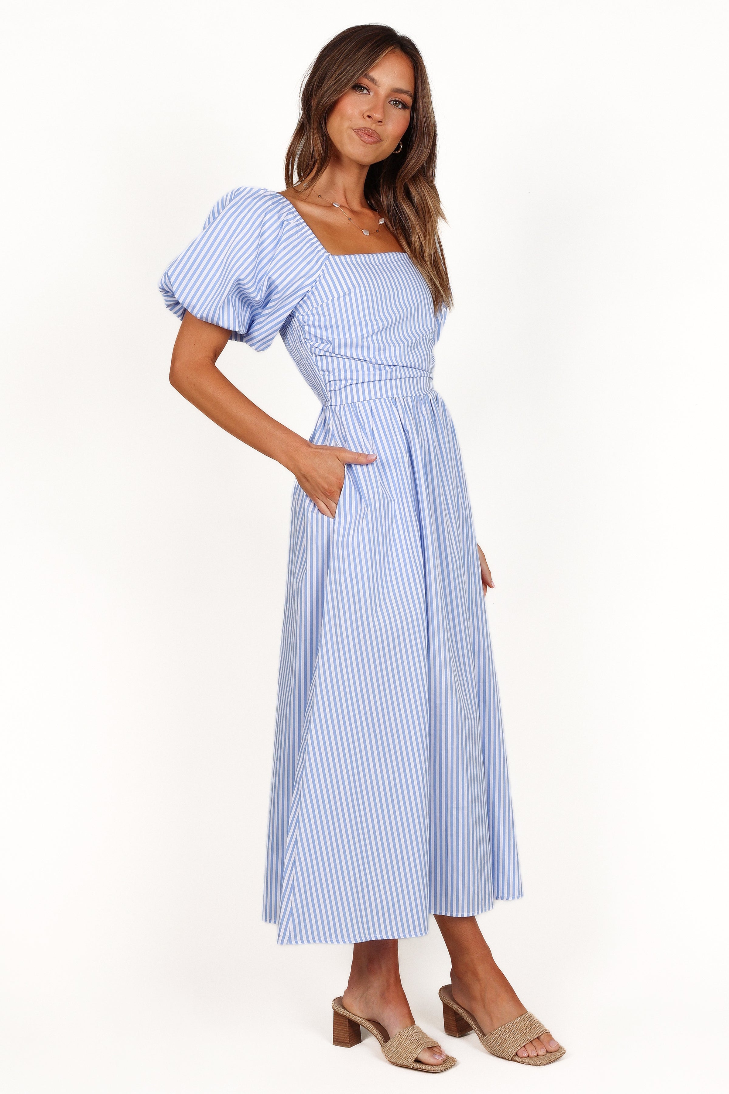 Petal and Pup USA DRESSES Clo Puff Sleeve Midi Dress - Blue Stripe