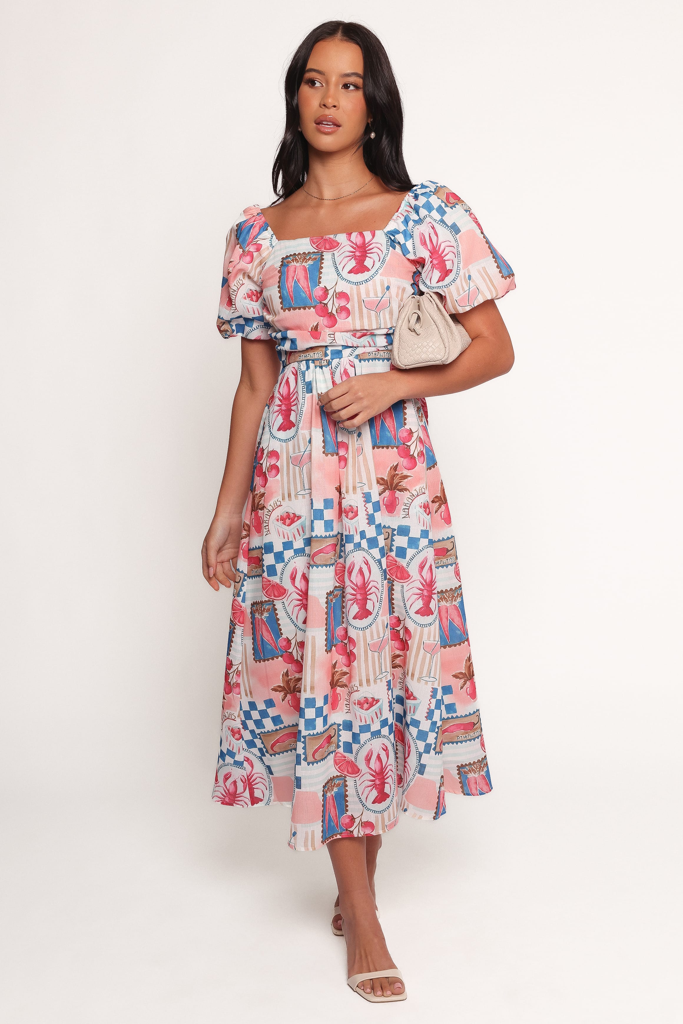 knee length dresses for ladies Clo Puff Sleeve Midi Dress - Pink Blue