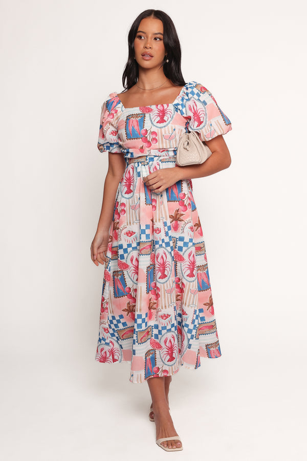 Clo Puff Sleeve Midi Dress - Blue Stripe