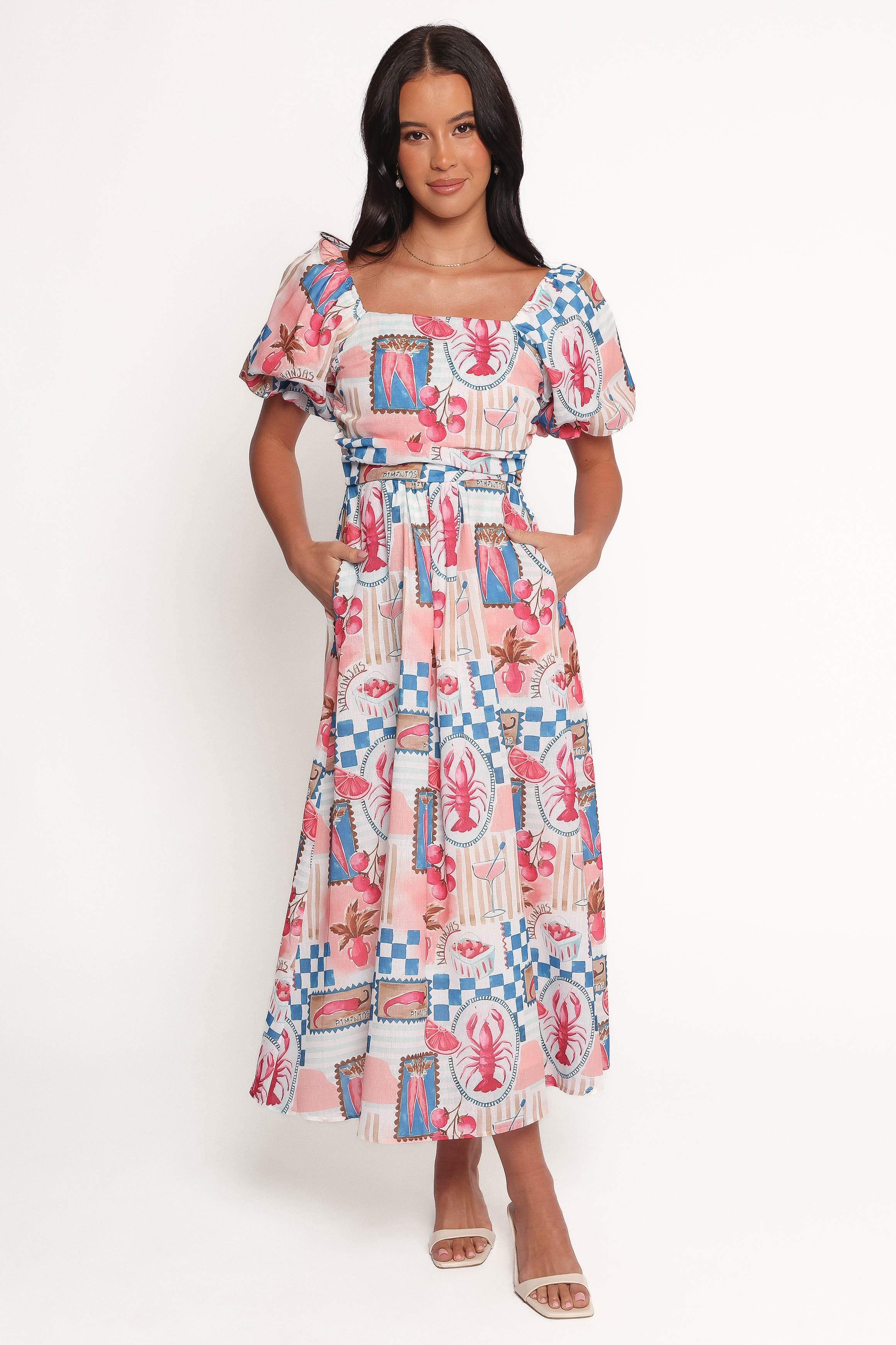 Petal and Pup USA DRESSES Clo Puff Sleeve Midi Dress - Pink Blue (Hold for Amazon)