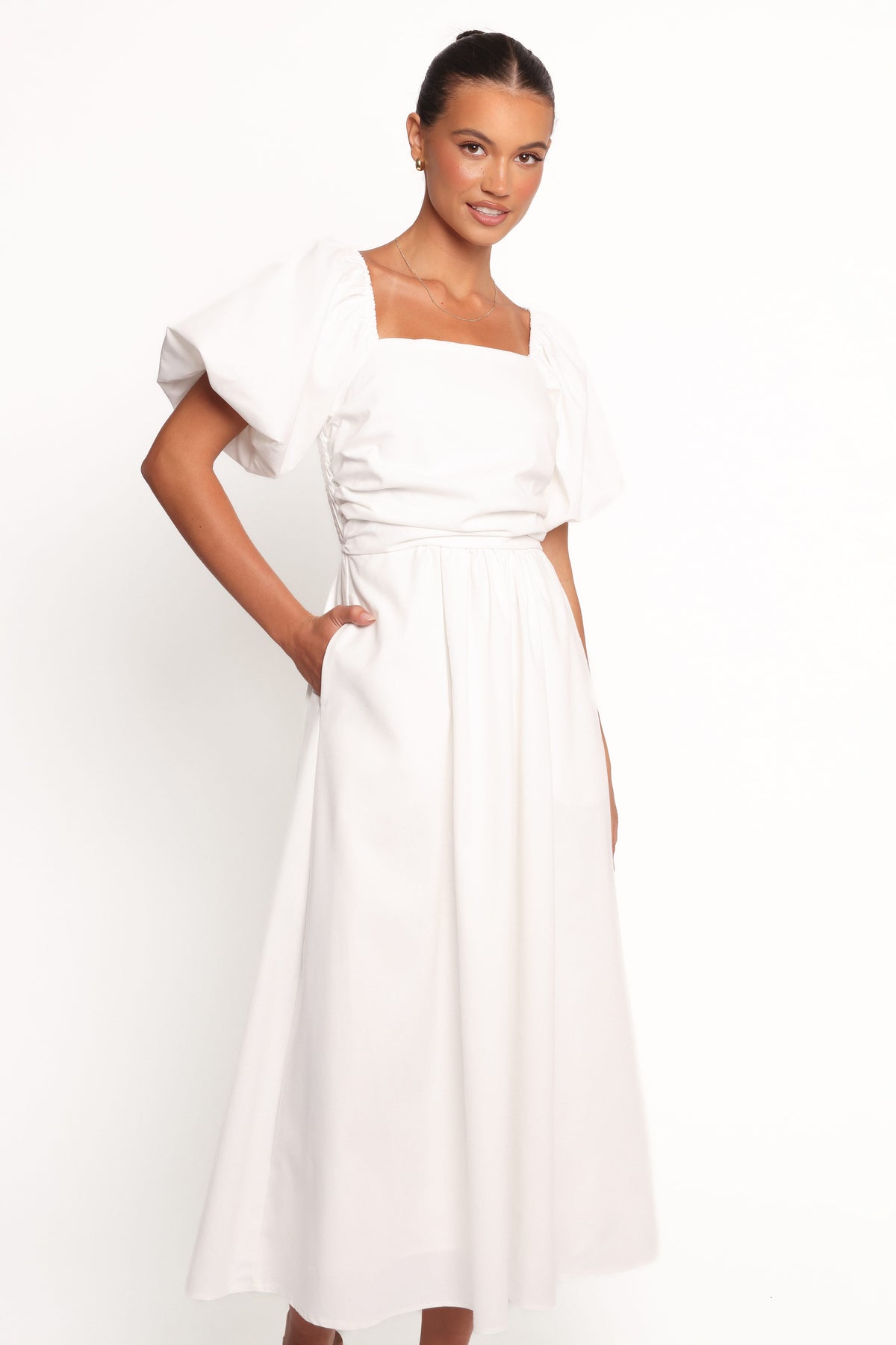 formal white midi dress Petal and Pup Women's Clo Puff Sleeve Midi Dress
