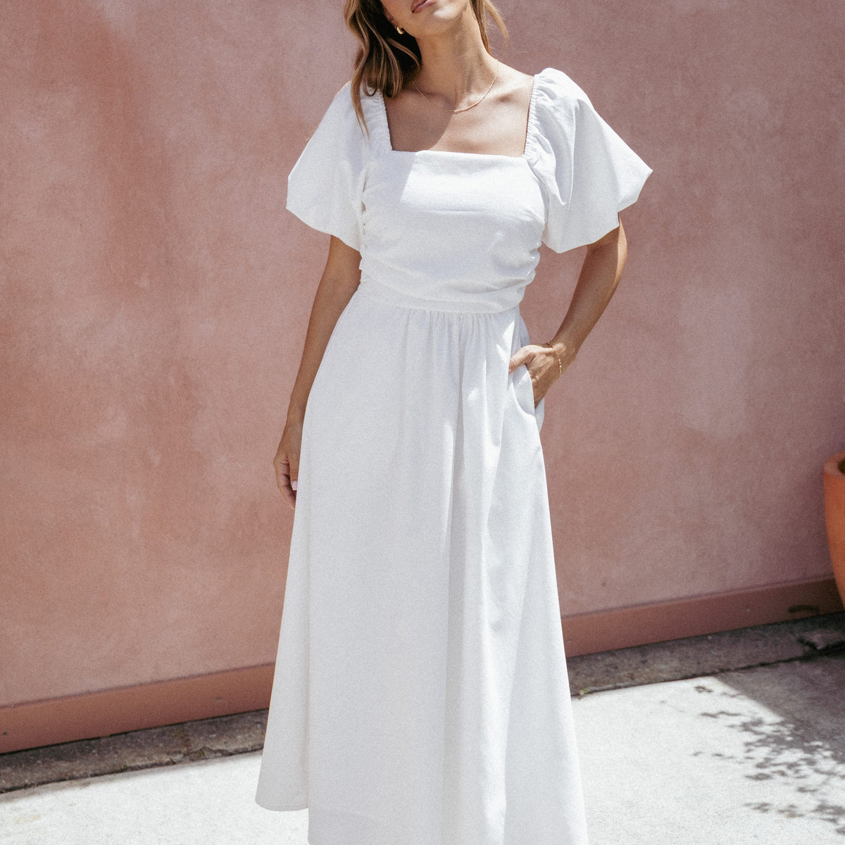 Clo Puff Sleeve Midi Dress - White | Petal & Pup USA