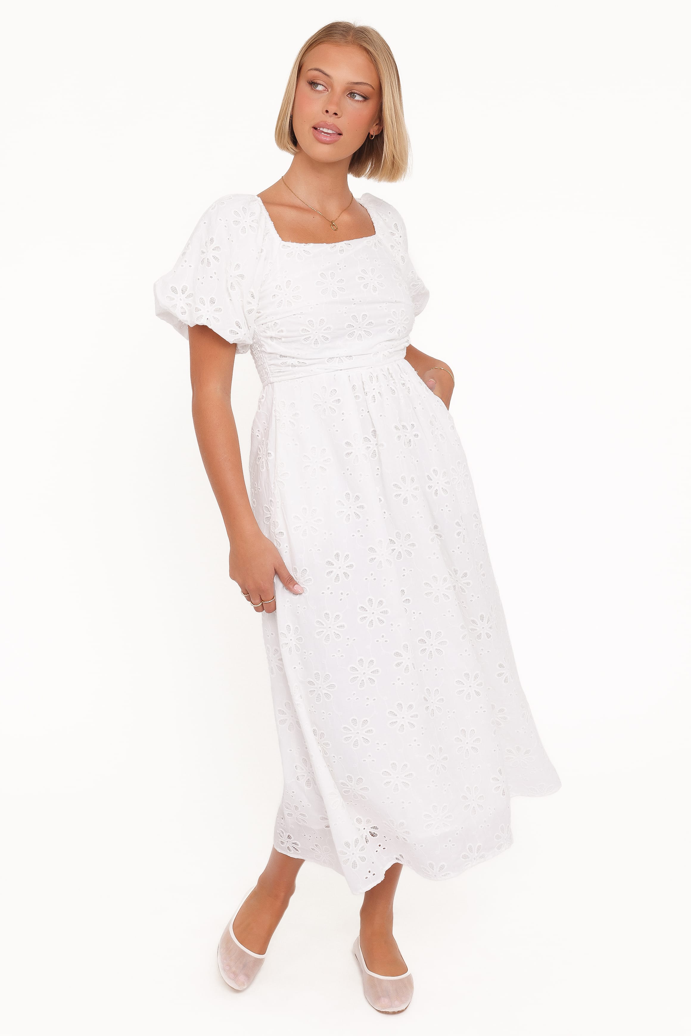 Clo Puff Sleeve Midi Dress - White Broderie | Petal & Pup USA Clo Puff Sleeve Midi Dress - White Broderie | Petal & Pup USA